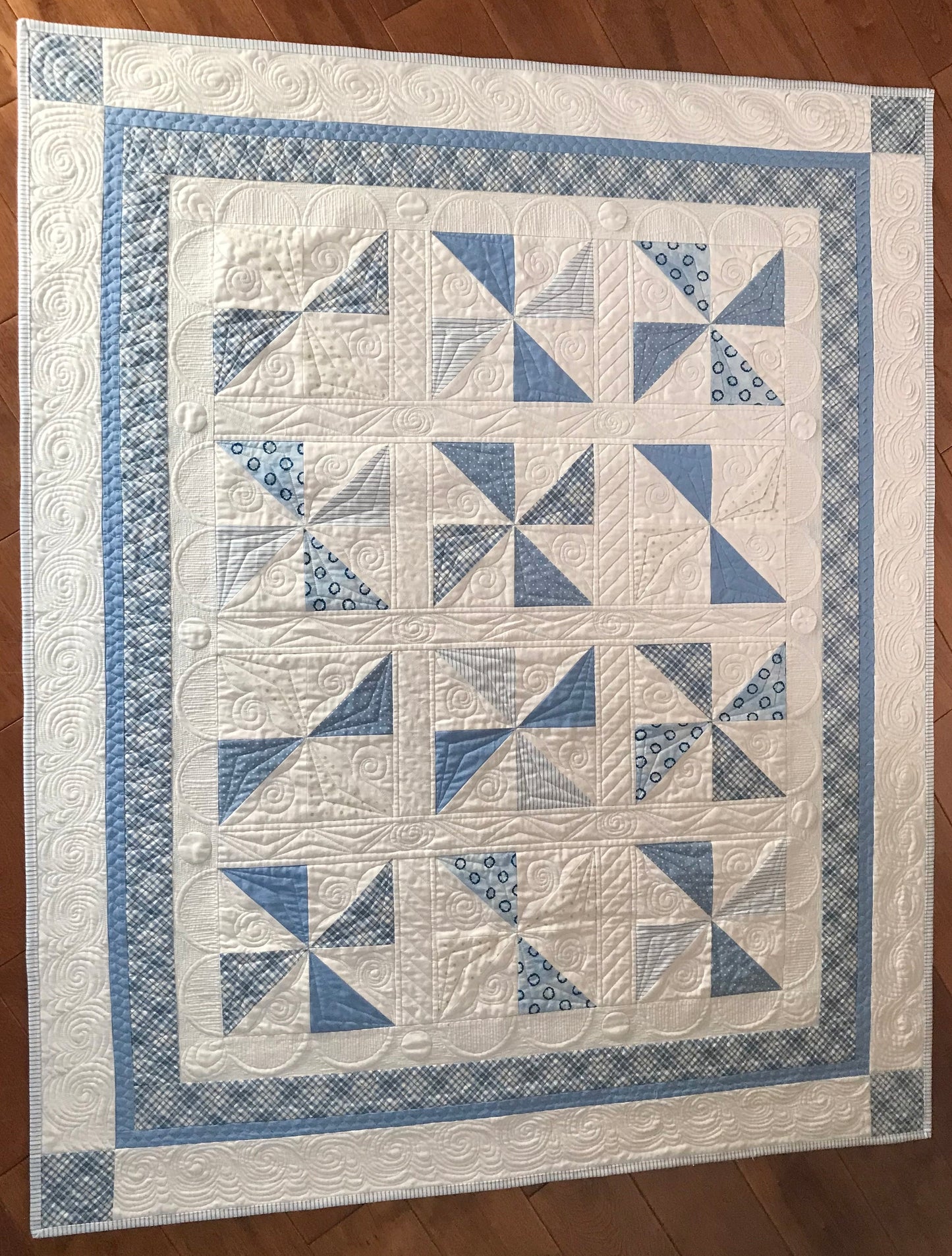 Handmade Baby Boy Quilt - Blue & White Pinwheels: Baby Blanket - Custom Quilted - Heirloom Quality - Ready to Ship!
