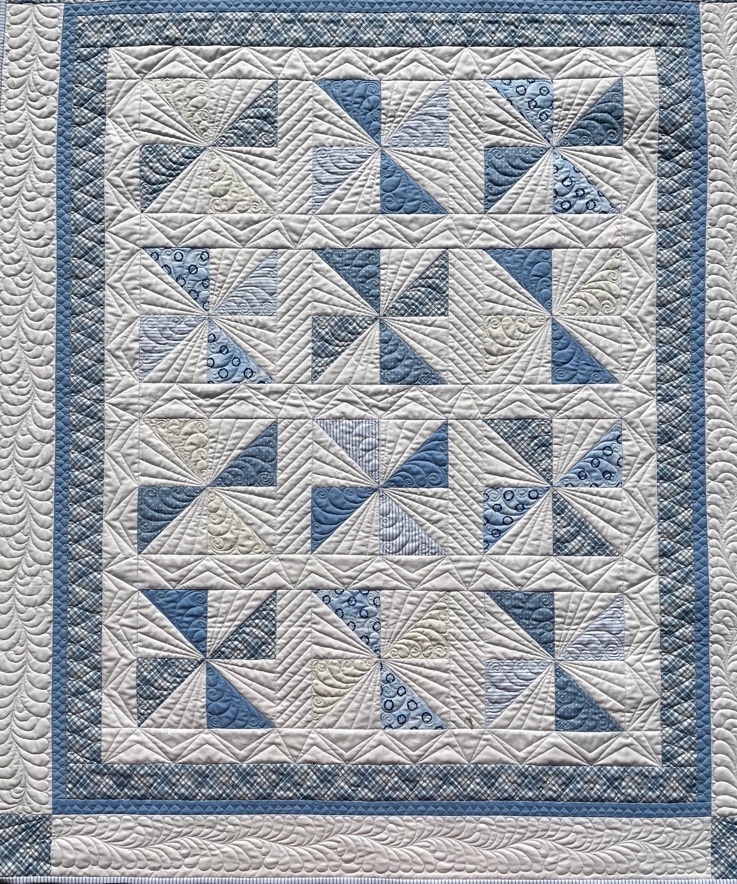 Handmade Baby Boy Quilt, Heirloom Baby Blanket, Christmas Gift, Blue & White Baby Boy Blanket (45x54.5) Ready to Ship!
