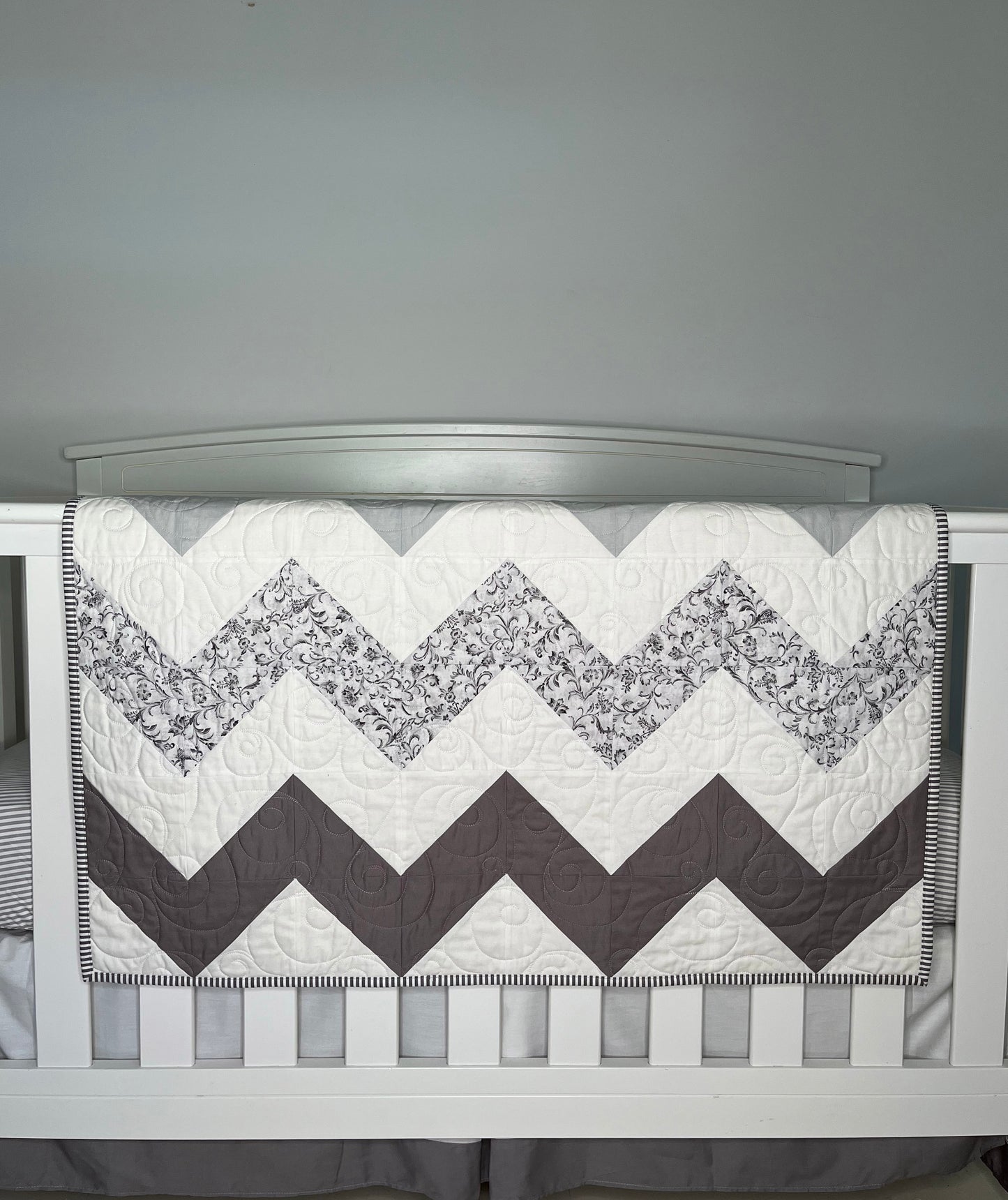 Handmade Baby Quilt in Chevron Pattern in Grey, White & Baby Blue, Chevron Baby Blanket (37x46) FREE HANDMADE BAG!