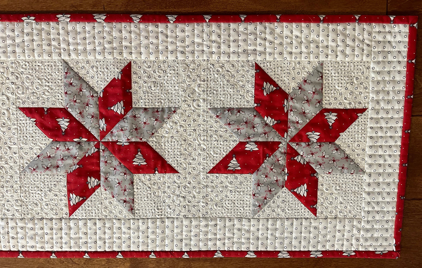 Christmas Handmade Quilted Table Runner - Red, Grey, Christmas Trees, Holly, Custom Quilted - 13.5"x55" - Ready to Ship