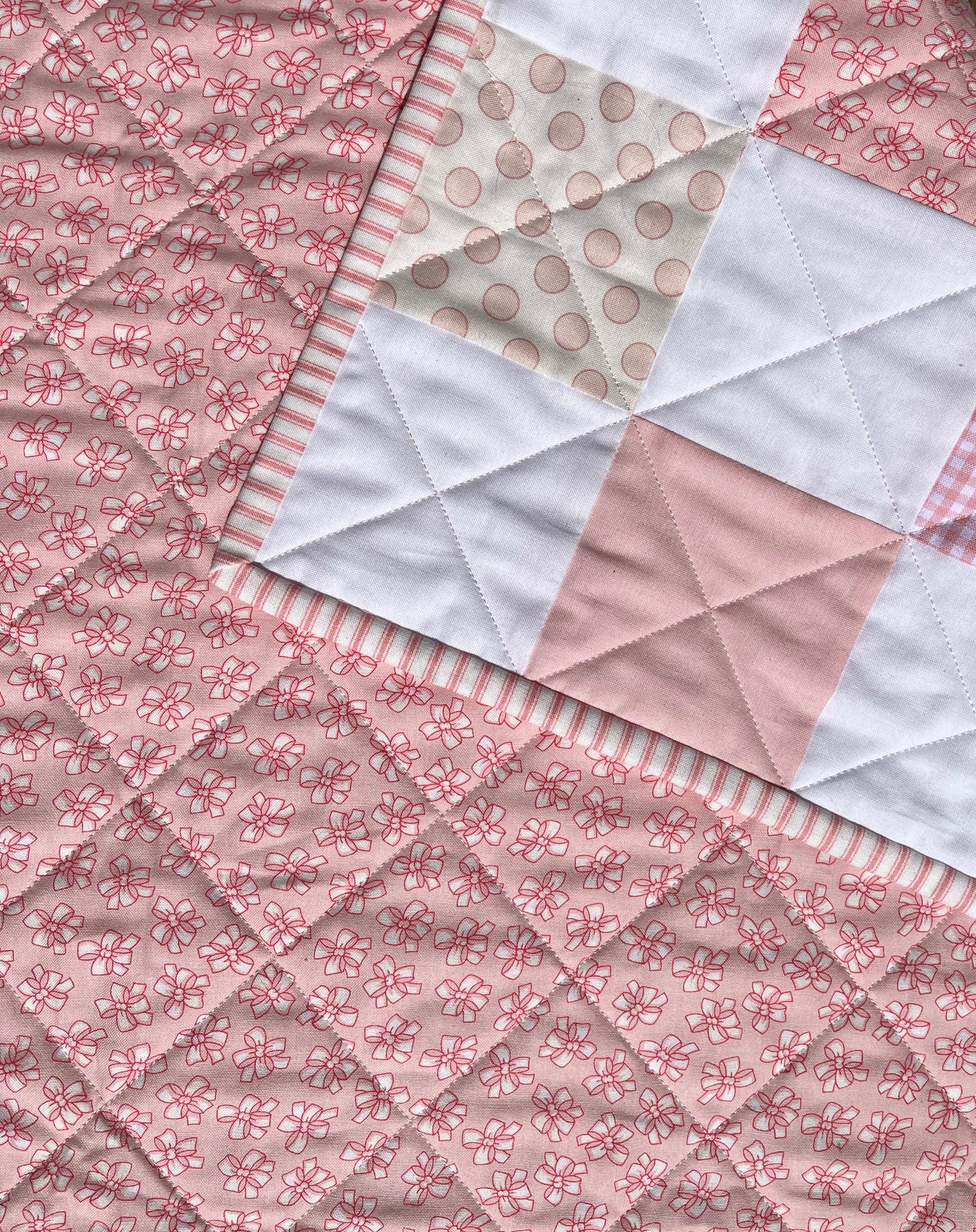 Handmade Baby Girl Quilt, Pink and White Patchwork Baby Girl Blanket (39x42.5) Great MOTHER'S DAY gift to new mom. Ready to Ship!