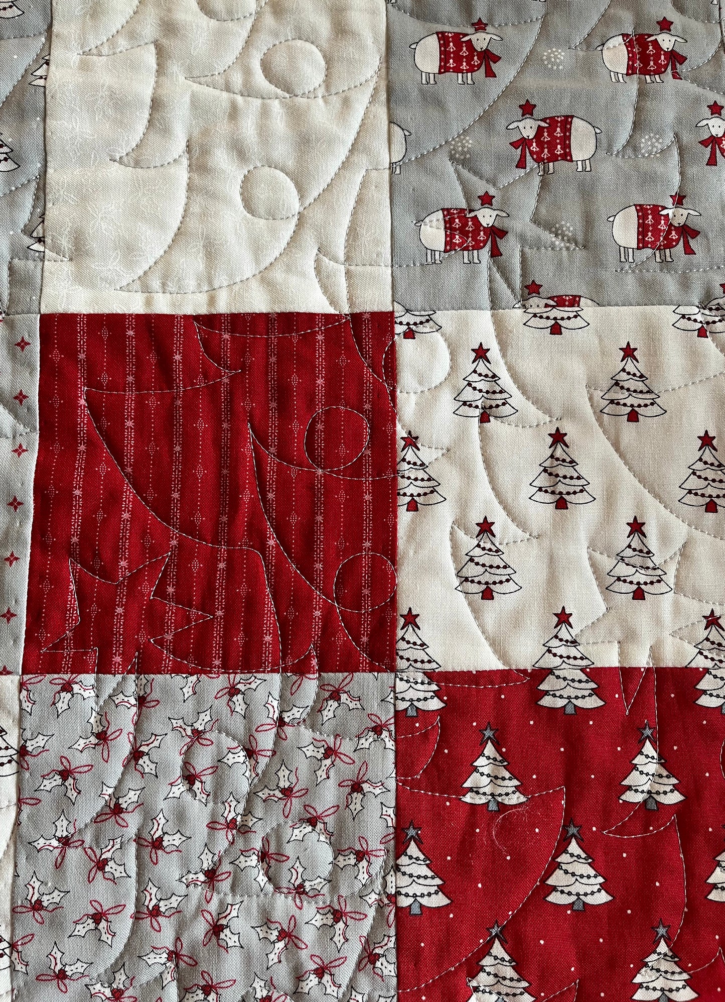 Christmas Baby Quilt - Handmade Whimsical Baby Blanket (36x40.5) Adult Lap Quilt, Red, Grey, Cream, Ready to Ship!