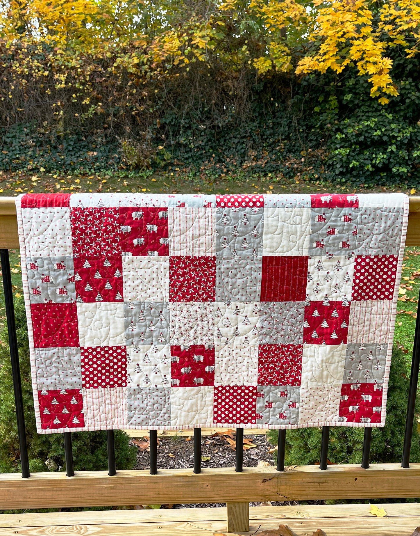 Christmas Baby Quilt - Handmade Whimsical Baby Blanket (36x40.5) Adult Lap Quilt, Red, Grey, Cream, Ready to Ship!