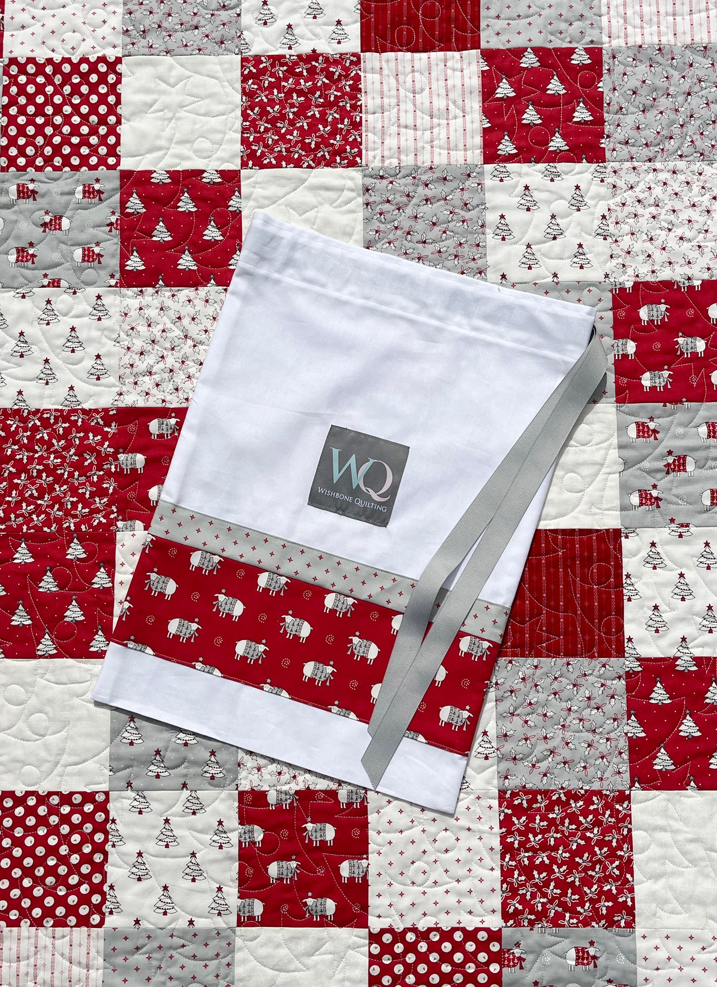 Christmas Baby Quilt - Handmade Whimsical Baby Blanket (36x40.5) Adult Lap Quilt, Red, Grey, Cream, Ready to Ship!