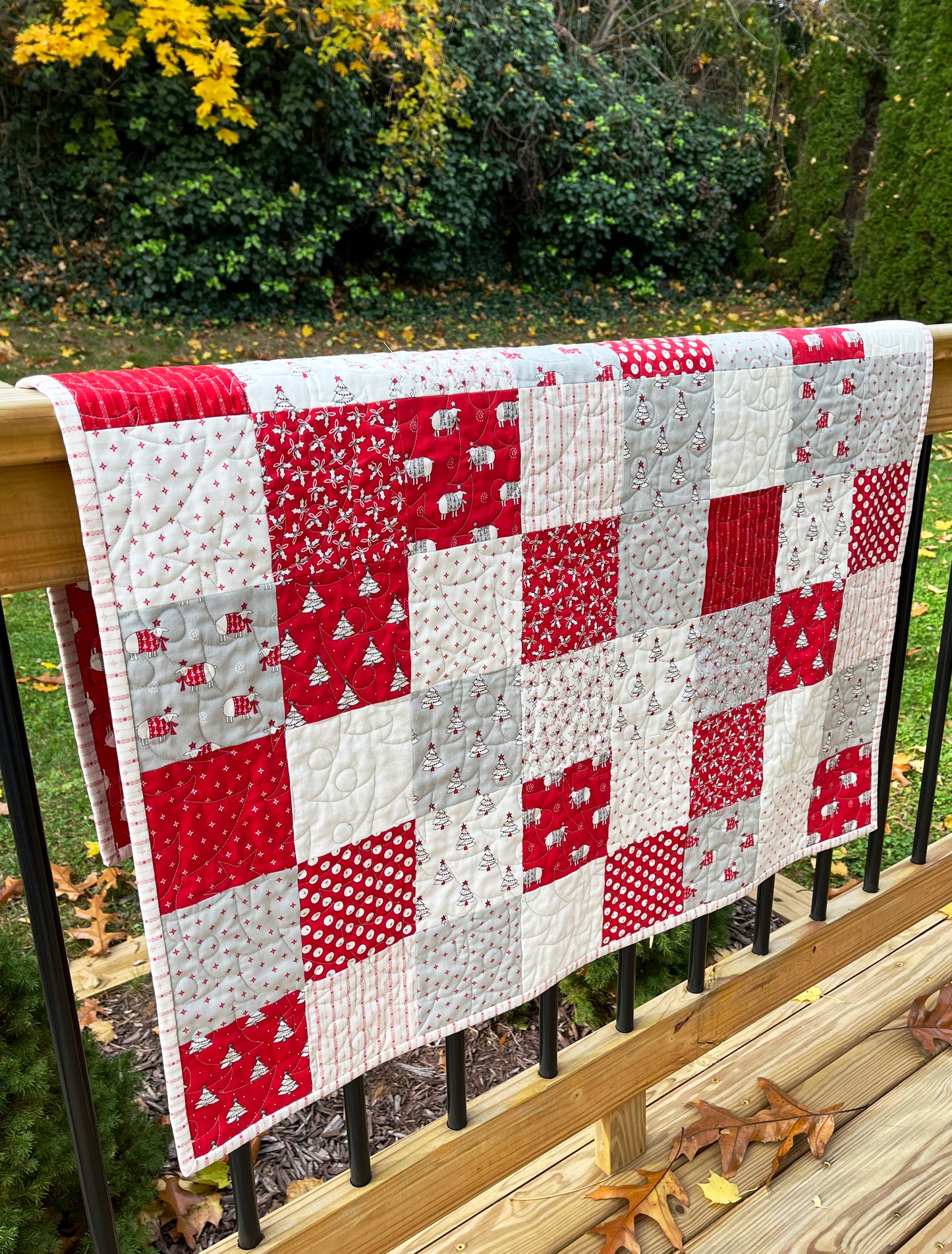 Christmas Baby Quilt - Handmade Whimsical Baby Blanket (36x40.5) Adult Lap Quilt, Red, Grey, Cream, Ready to Ship!