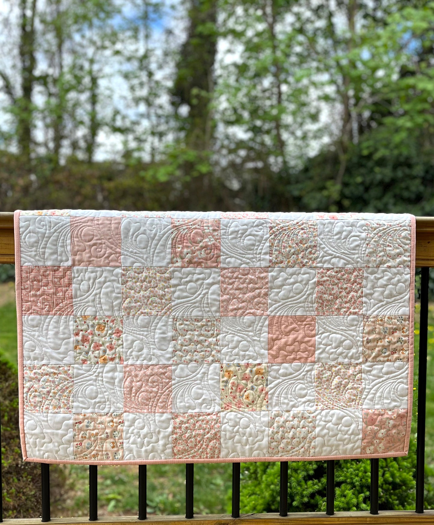 Handmade Baby Girl Quilt, Pink, Peach and White Baby Girl Blanket (37x46) Great MOTHER'S DAY Gift for New Mom - Ready to Ship!