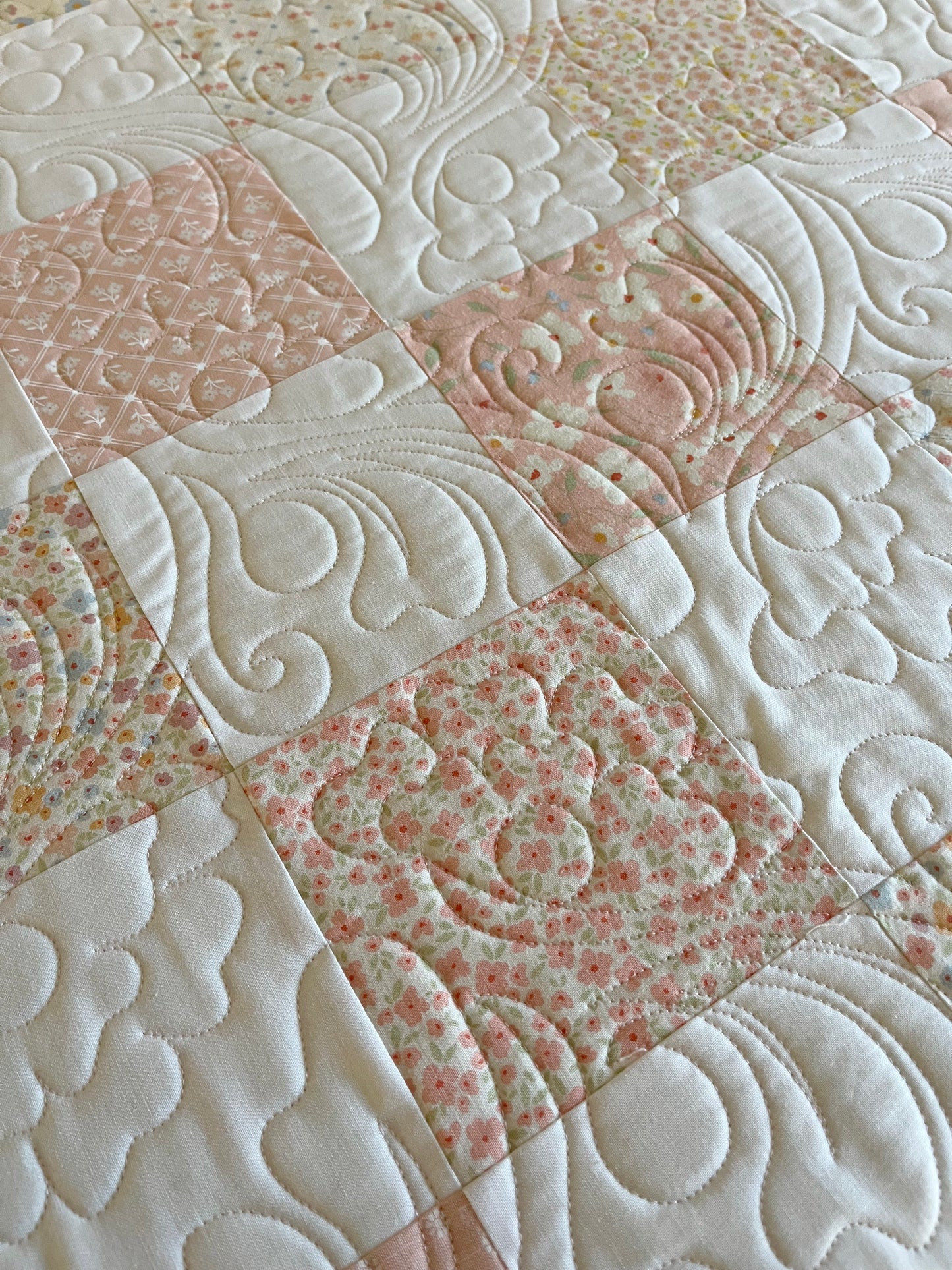 Handmade Baby Girl Quilt, Pink, Peach and White Baby Girl Blanket (37x46) Great MOTHER'S DAY Gift for New Mom - Ready to Ship!