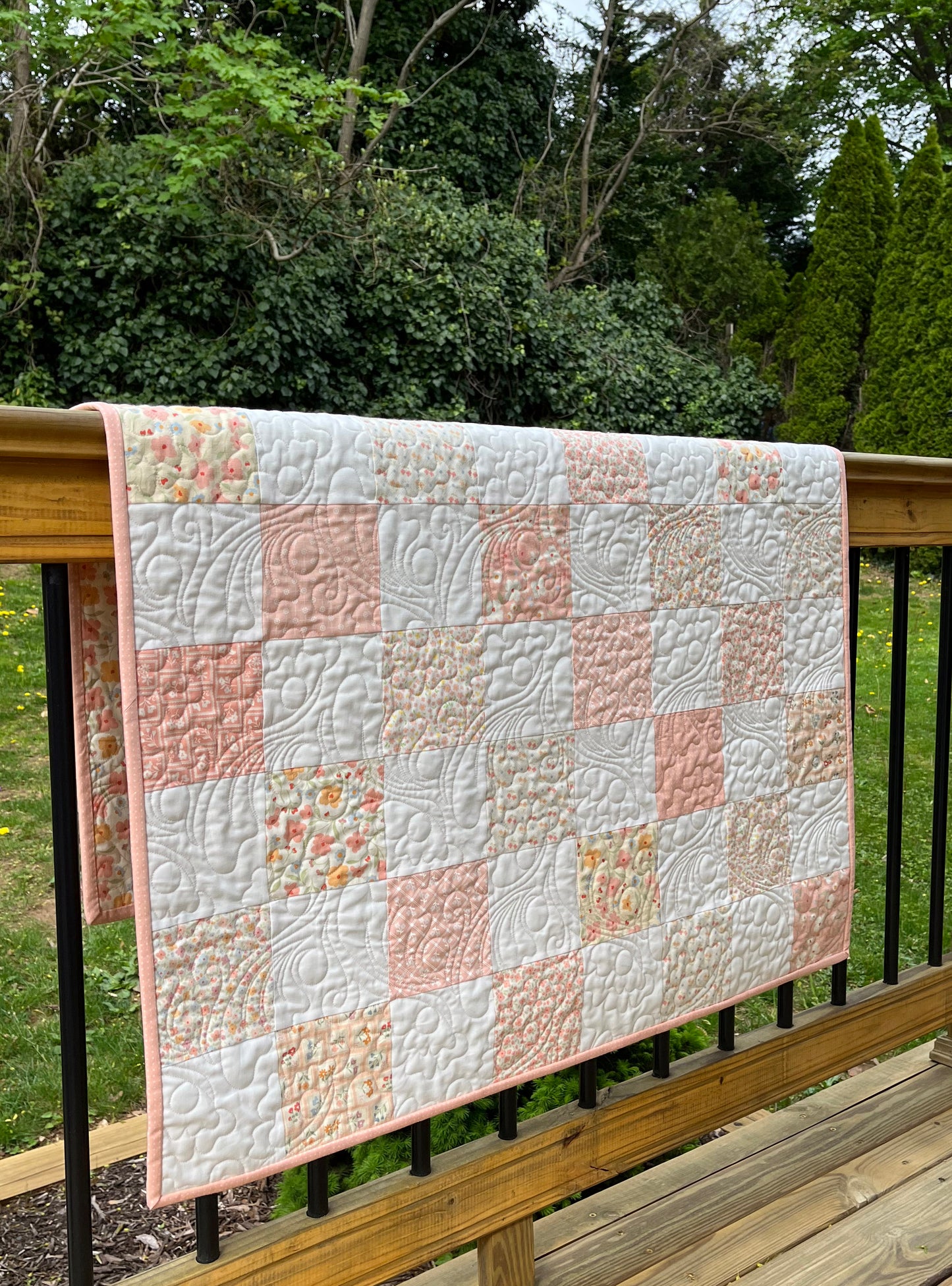 Handmade Baby Girl Quilt, Pink, Peach and White Baby Girl Blanket (37x46) Great MOTHER'S DAY Gift for New Mom - Ready to Ship!