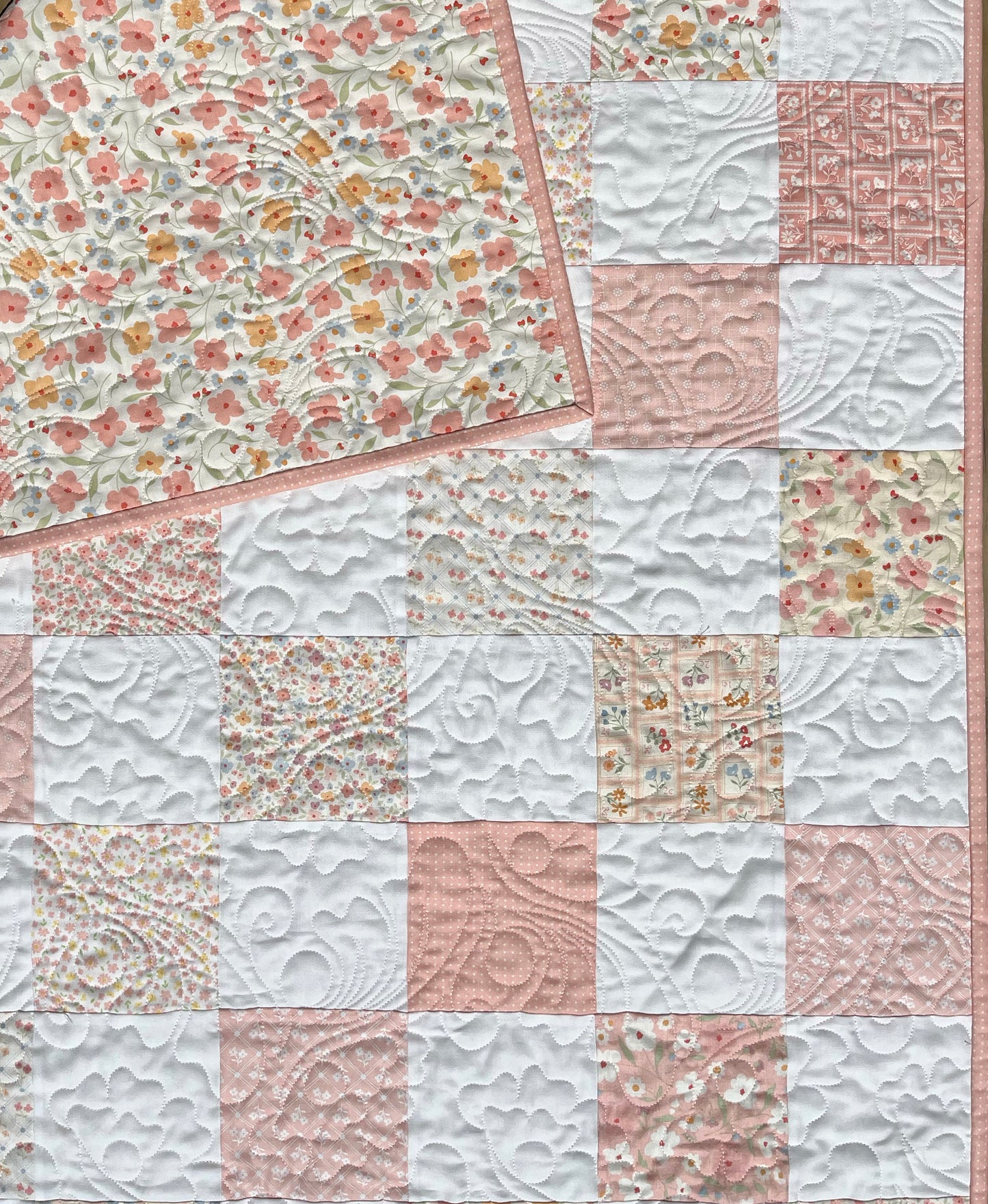 Handmade Baby Girl Quilt, Pink, Peach and White Baby Girl Blanket (37x46) Great MOTHER'S DAY Gift for New Mom - Ready to Ship!