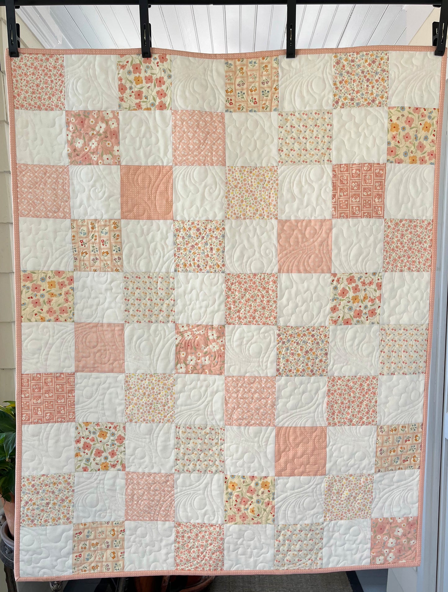 Handmade Baby Girl Quilt, Pink, Peach and White Baby Girl Blanket (37x46) Great MOTHER'S DAY Gift for New Mom - Ready to Ship!