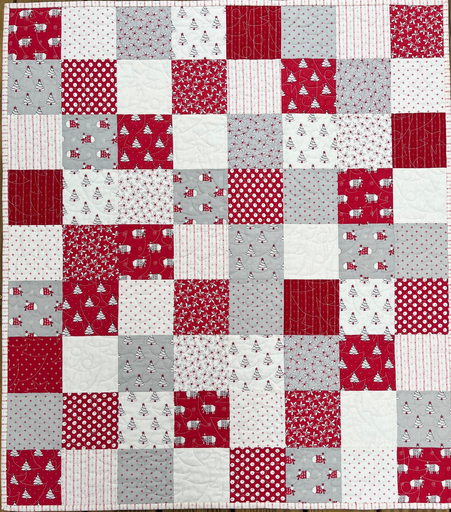 Christmas Baby Quilt - Handmade Whimsical Baby Blanket (36x40.5) Adult Lap Quilt, Red, Grey, Cream, Ready to Ship!