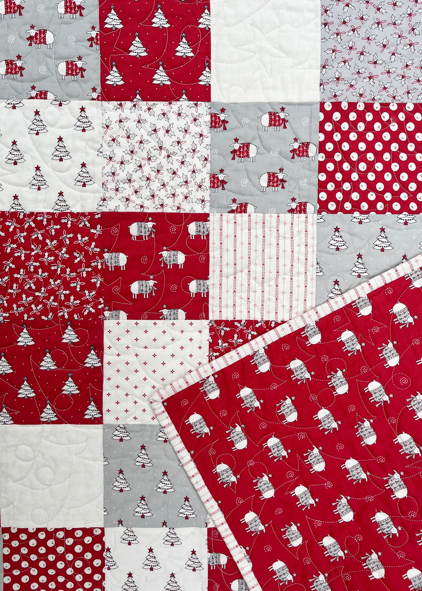 Christmas Baby Quilt - Handmade Whimsical Baby Blanket (36x40.5) Adult Lap Quilt, Red, Grey, Cream, Ready to Ship!
