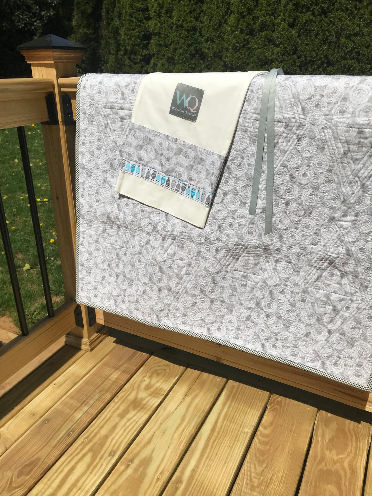 Handmade Quilted Wall Hanging for Baby's Room - Unique One of a Kind Baby Nursery - Grey, Aqua & White (34.5x46.5)