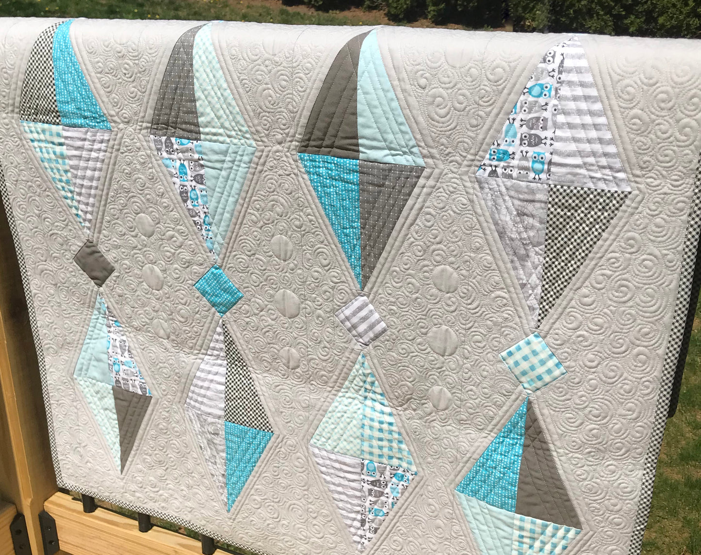 Handmade Quilted Wall Hanging for Baby's Room - Unique One of a Kind Baby Nursery - Grey, Aqua & White (34.5x46.5)
