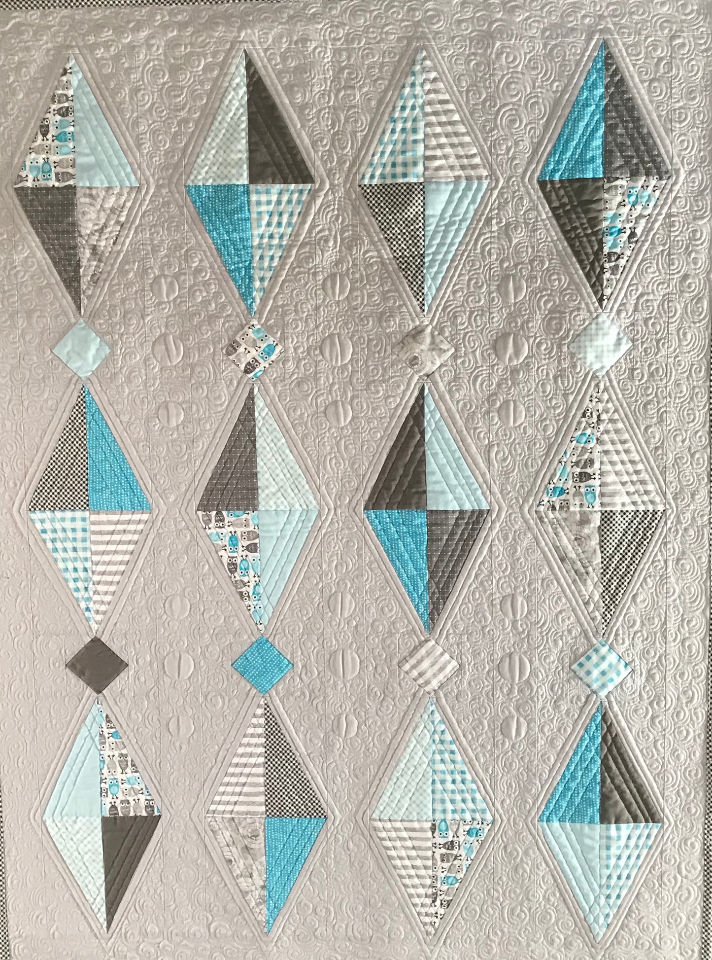 Handmade Quilted Wall Hanging for Baby's Room - Unique One of a Kind Baby Nursery - Grey, Aqua & White (34.5x46.5)