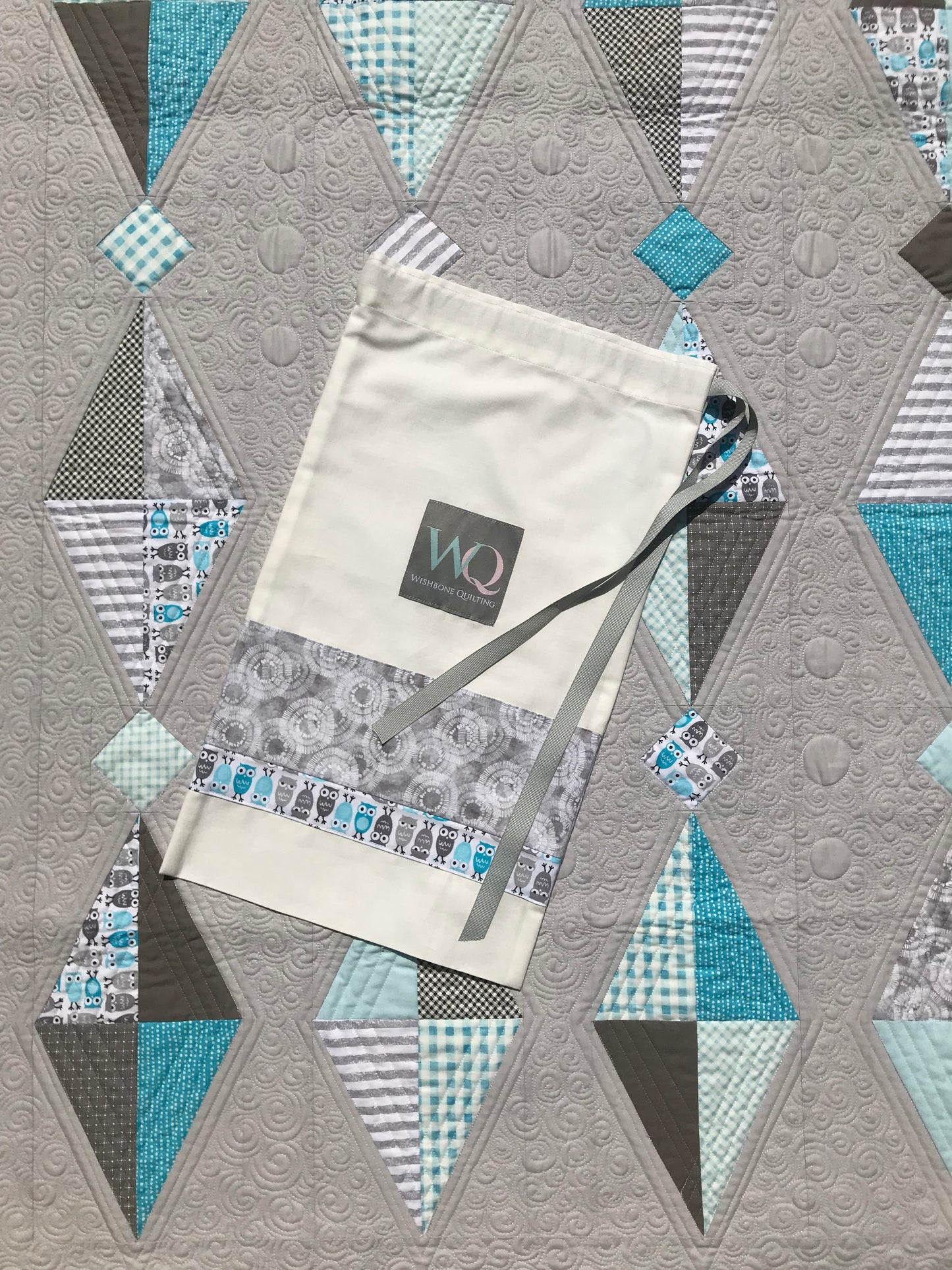 Handmade Quilted Wall Hanging for Baby's Room - Unique One of a Kind Baby Nursery - Grey, Aqua & White (34.5x46.5)