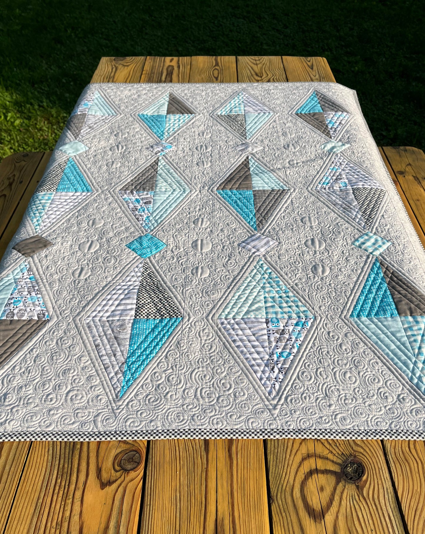Handmade Quilted Wall Hanging for Baby's Room - Unique One of a Kind Baby Nursery - Grey, Aqua & White (34.5x46.5)
