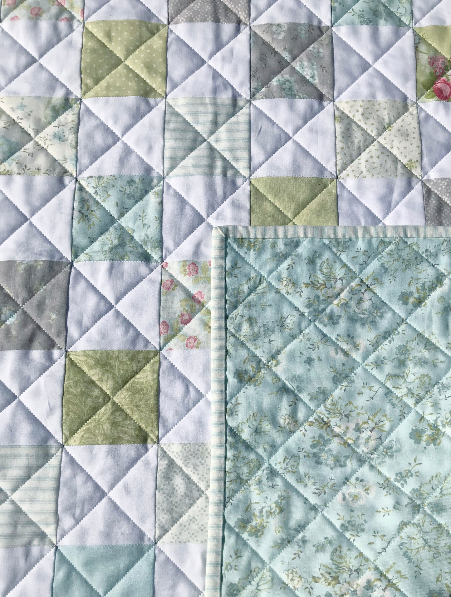 Handmade Aqua Floral Back Baby Girl Quilt, Baby Girl Blanket (37"x40") Ready to Ship!