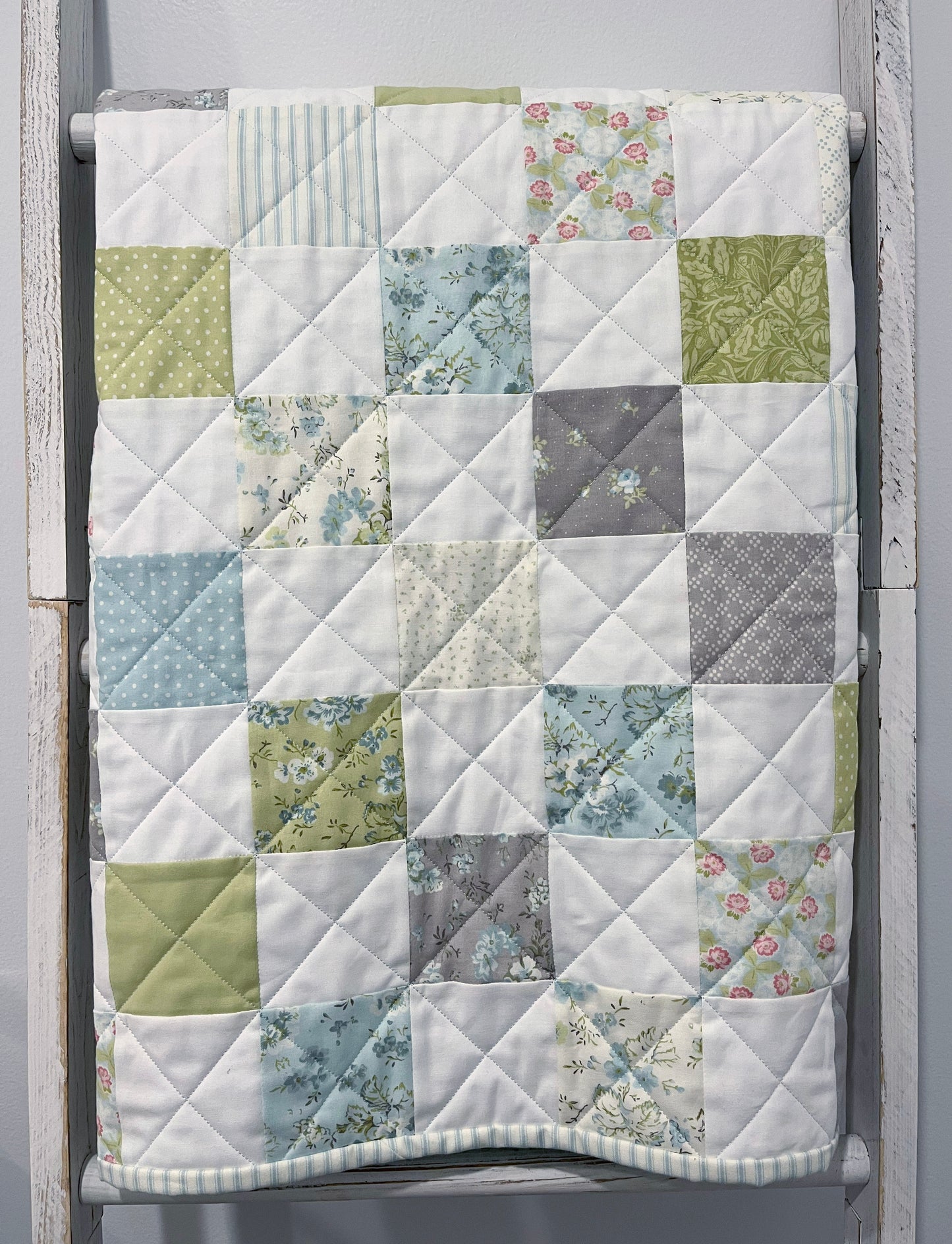 Handmade Aqua Floral Back Baby Girl Quilt, Baby Girl Blanket (37"x40") Ready to Ship!