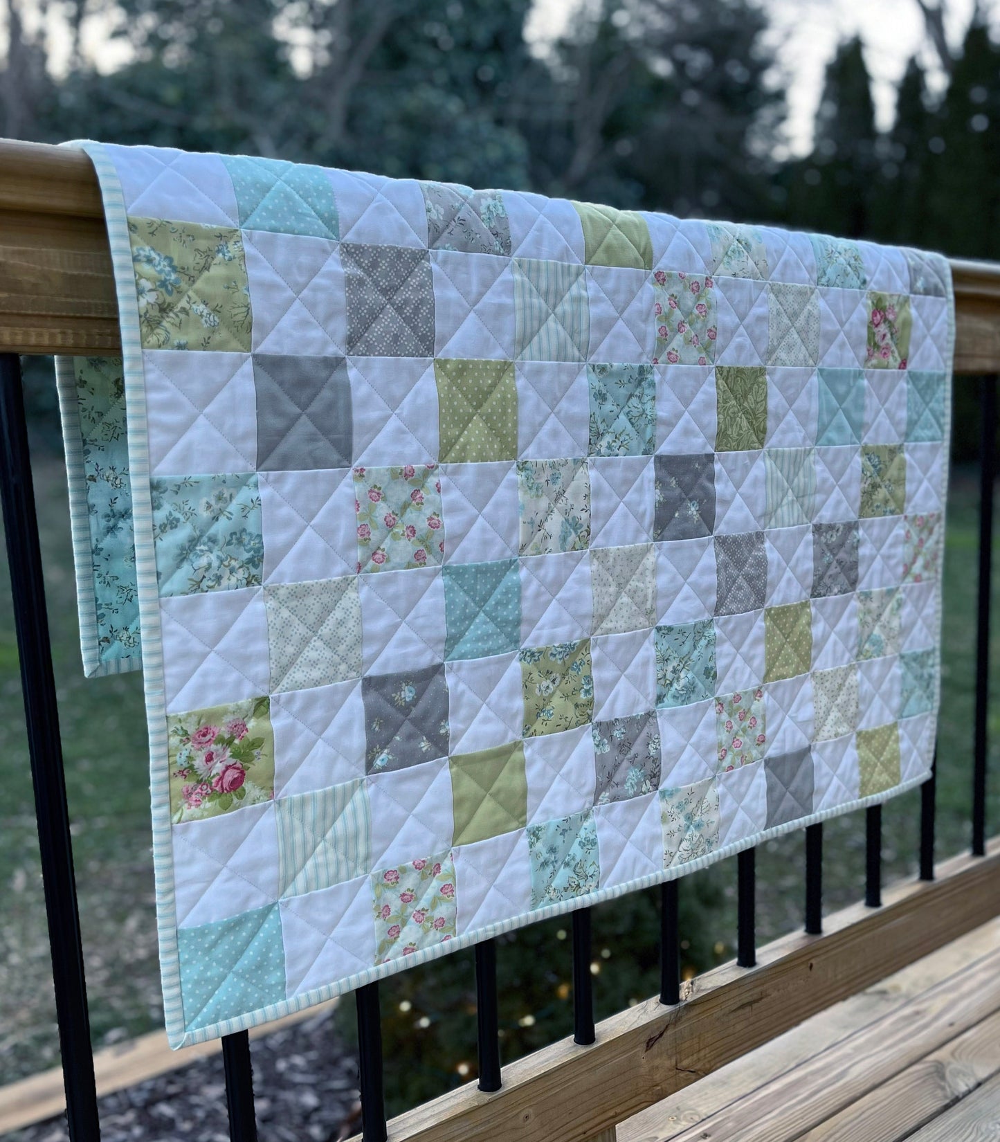 Handmade Aqua Floral Back Baby Girl Quilt, Baby Girl Blanket (37"x40") Ready to Ship!