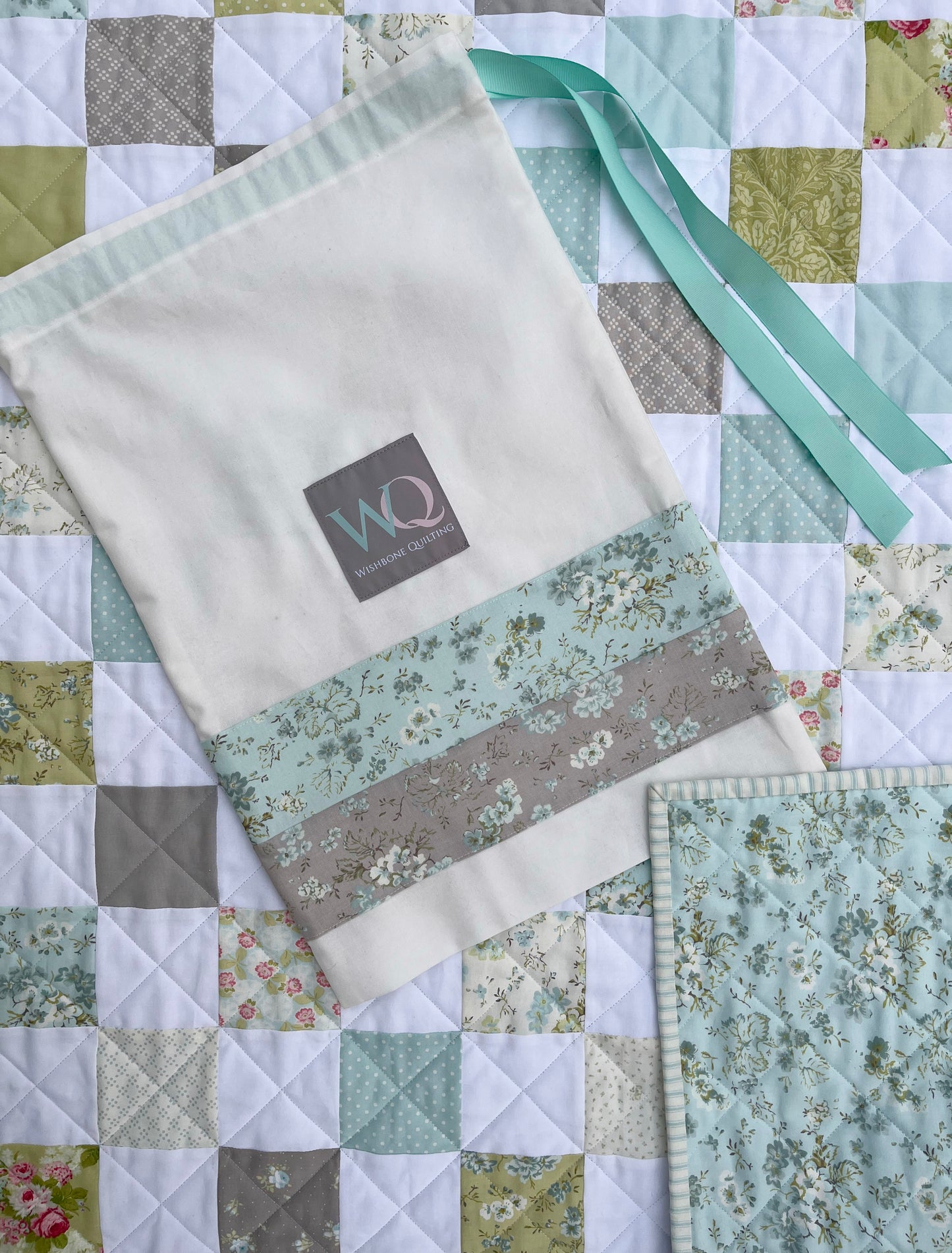 Handmade Aqua Floral Back Baby Girl Quilt, Baby Girl Blanket (37"x40") Ready to Ship!
