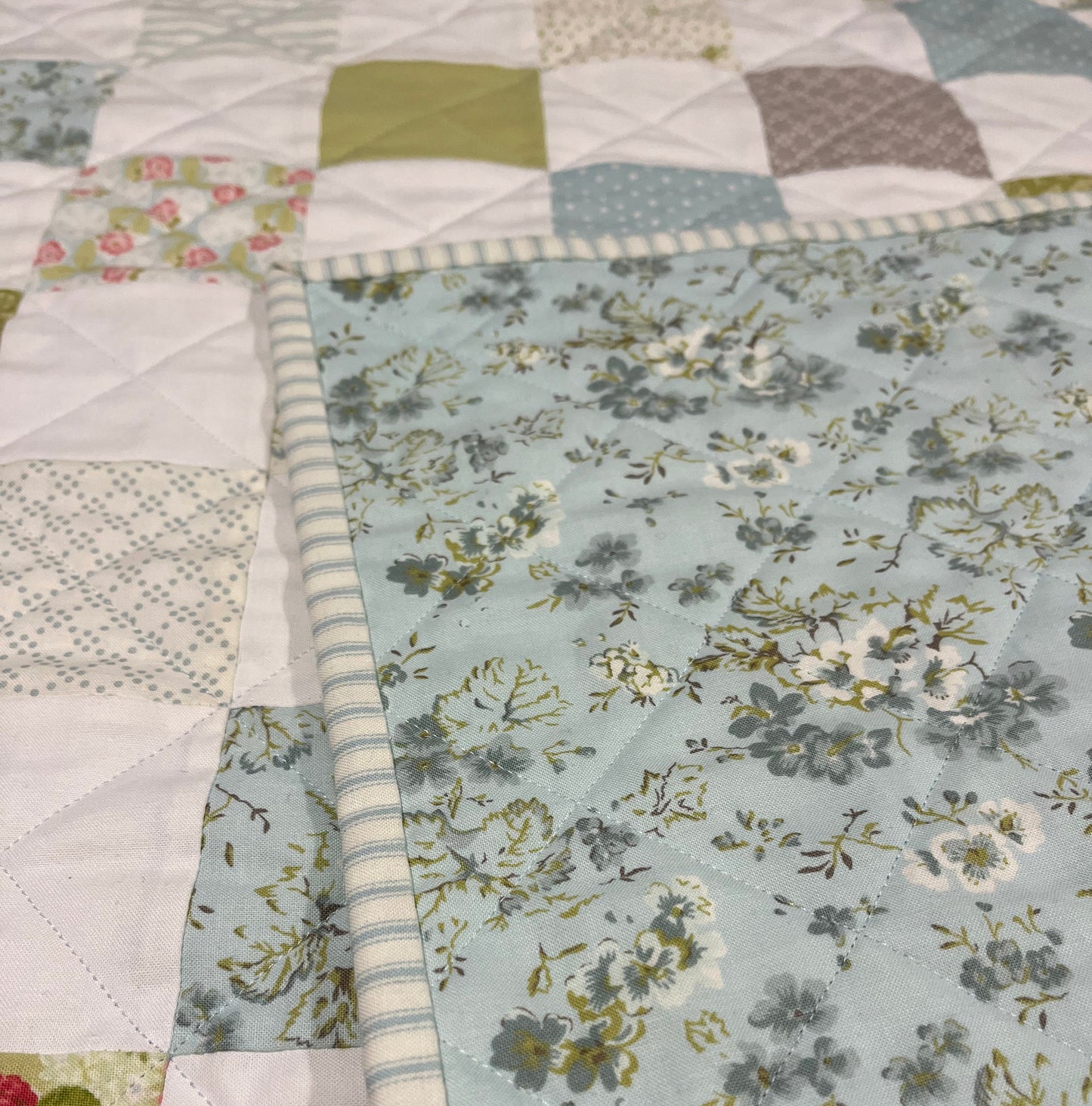 Handmade Aqua Floral Back Baby Girl Quilt, Baby Girl Blanket (37"x40") Ready to Ship!