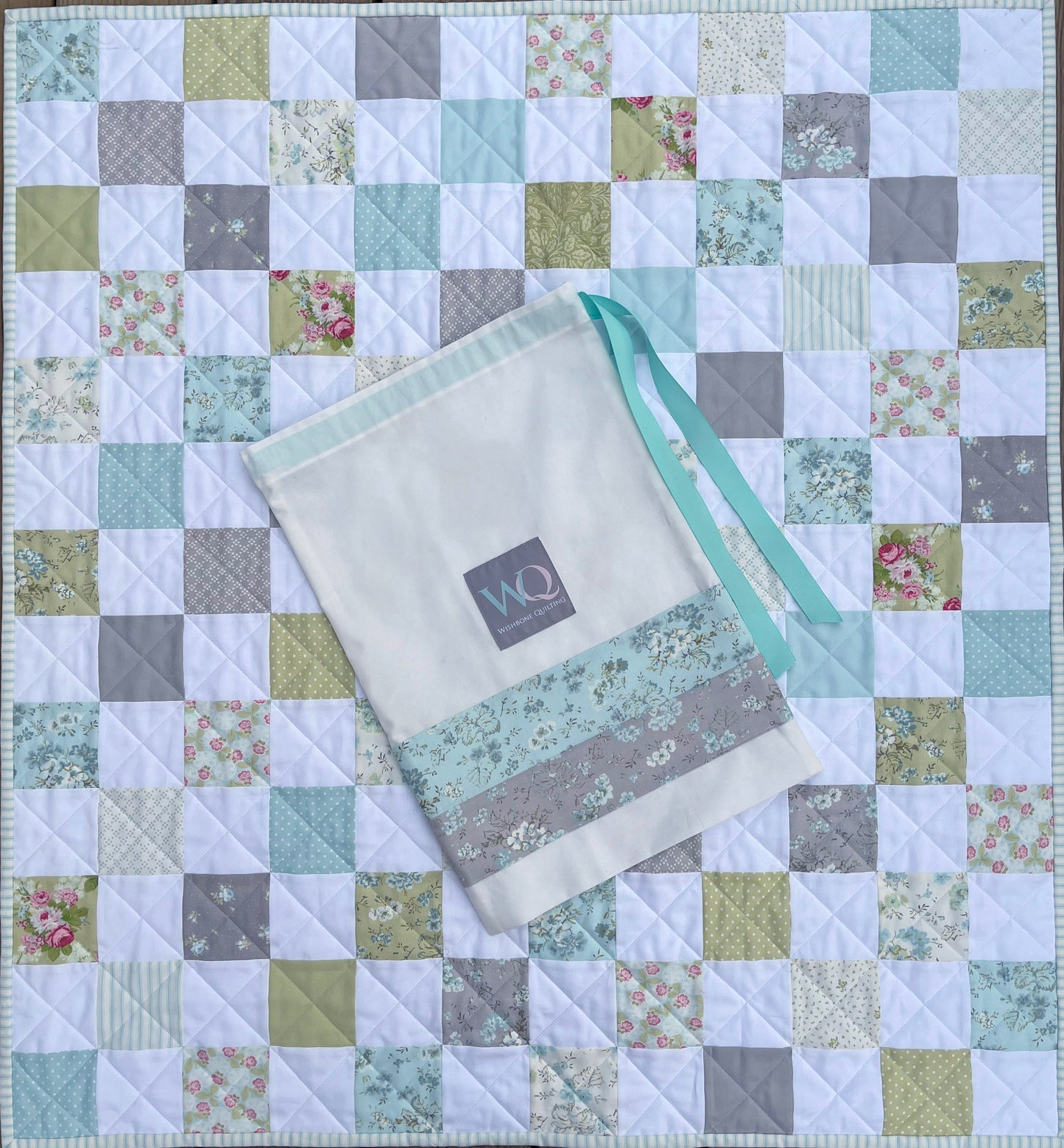 Handmade Aqua Floral Back Baby Girl Quilt, Baby Girl Blanket (37"x40") Ready to Ship!