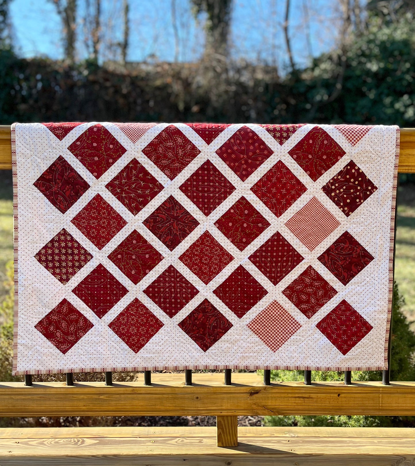 Handmade Baby Quilt, Table Topper, Adult Lap Quilt, Garnet Colors (40.5x48)