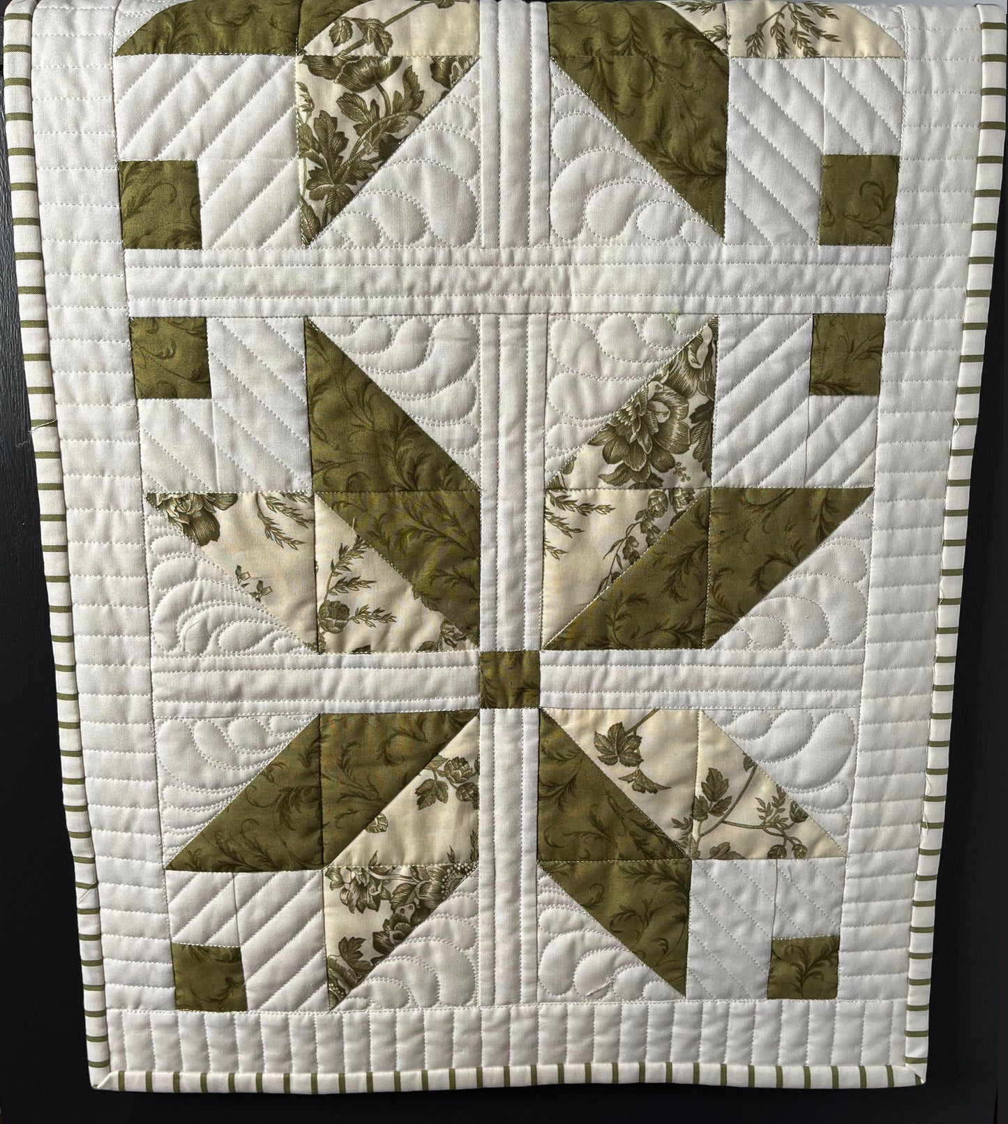 TABLE RUNNER - Handmade Quilted Fall, Autumn, Thanksgiving, Christmas - Green, Cream, White (15x54)