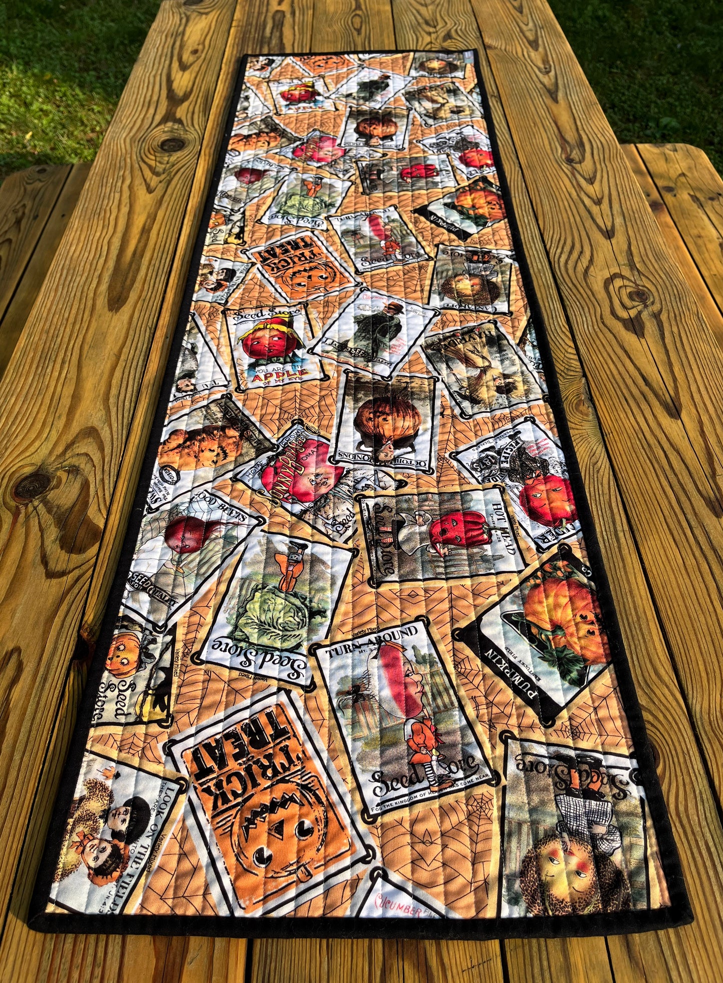 Handmade Halloween Quilted Table Runner - Unique Halloween Pumpkin Seed Packets#1 (15x50)