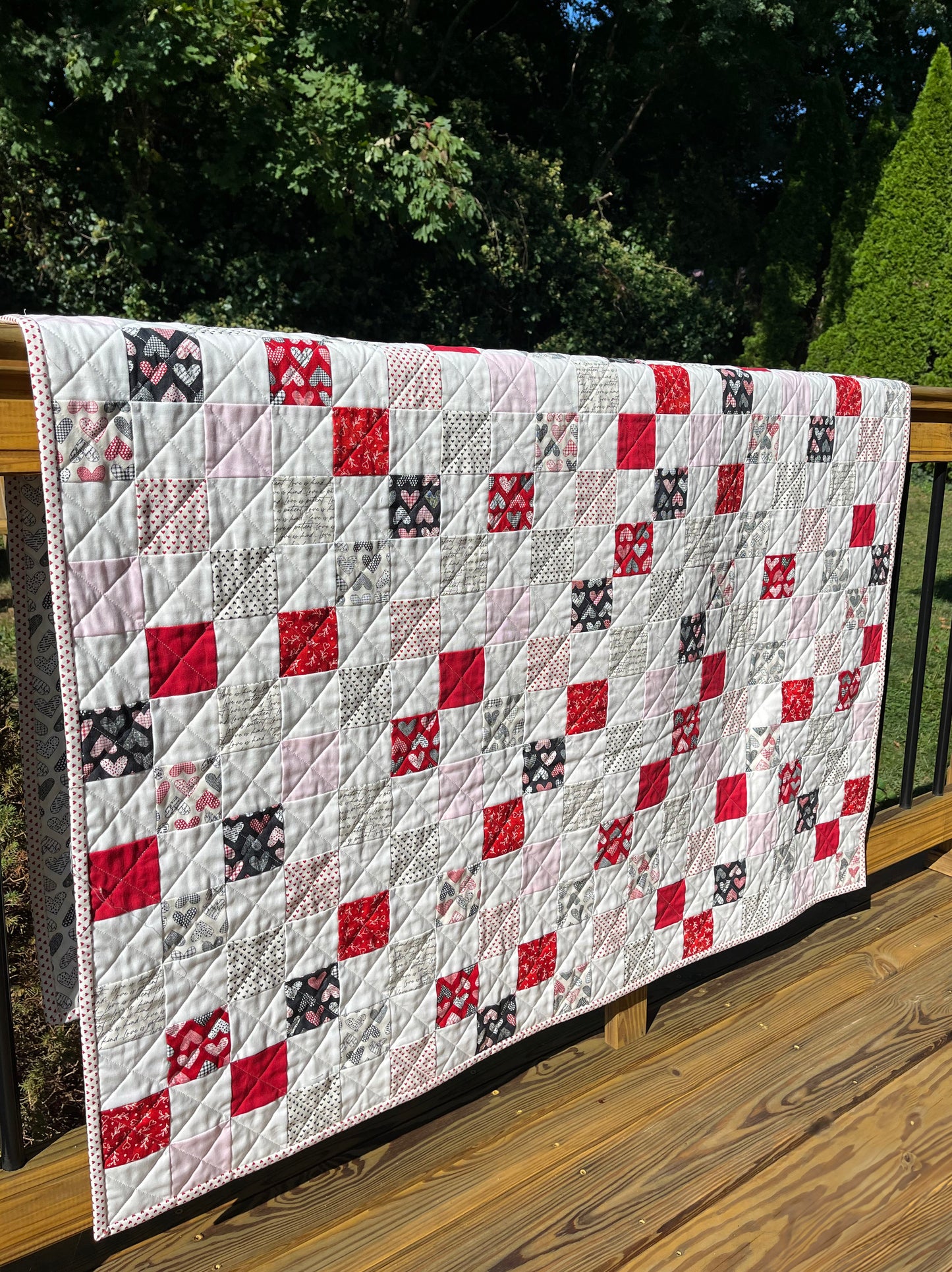 Handmade Throw Size Quilt, Hearts Patchwork Baby Blanket (50x60) Red, Grey & Pink, Holiday Gift - FREE MATCHING BAG!