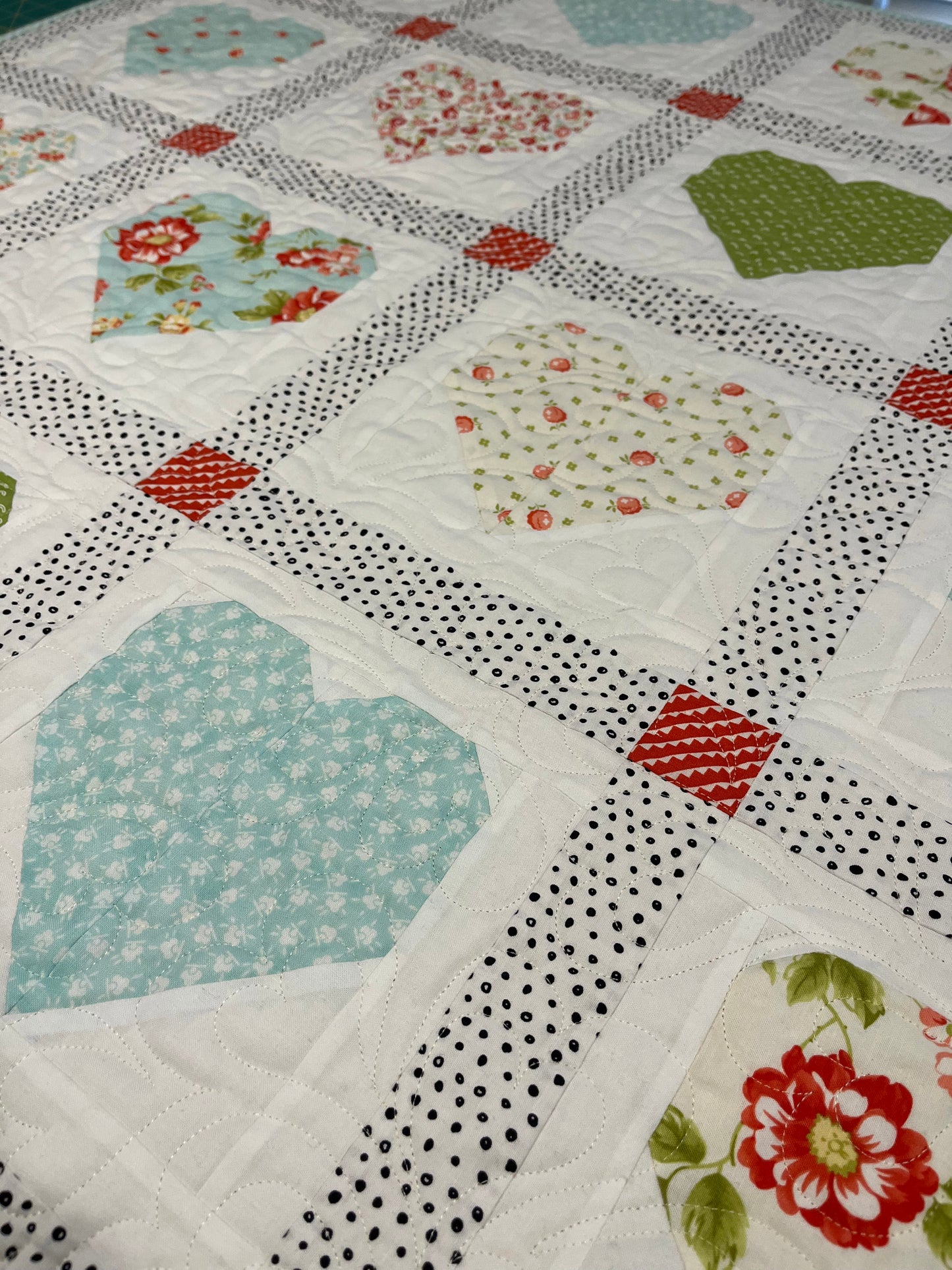 Handmade Baby Girl Quilt: Hearts, Valentine's Day, Adult Lap Quilt, Table Topper, Baby Gift, Nursery Blanket