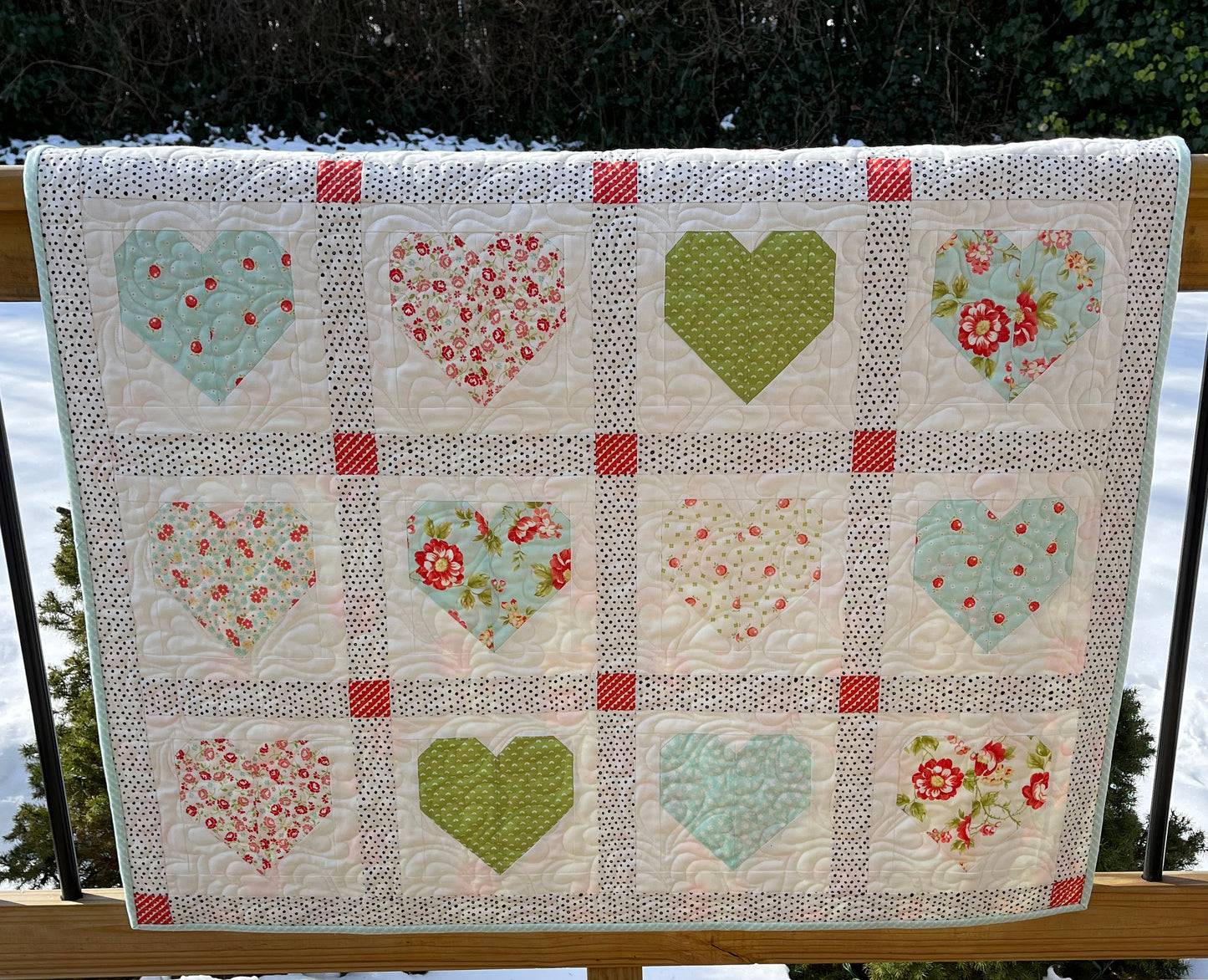 Handmade Baby Girl Quilt: Hearts, Valentine's Day, Adult Lap Quilt, Table Topper, Baby Gift, Nursery Blanket