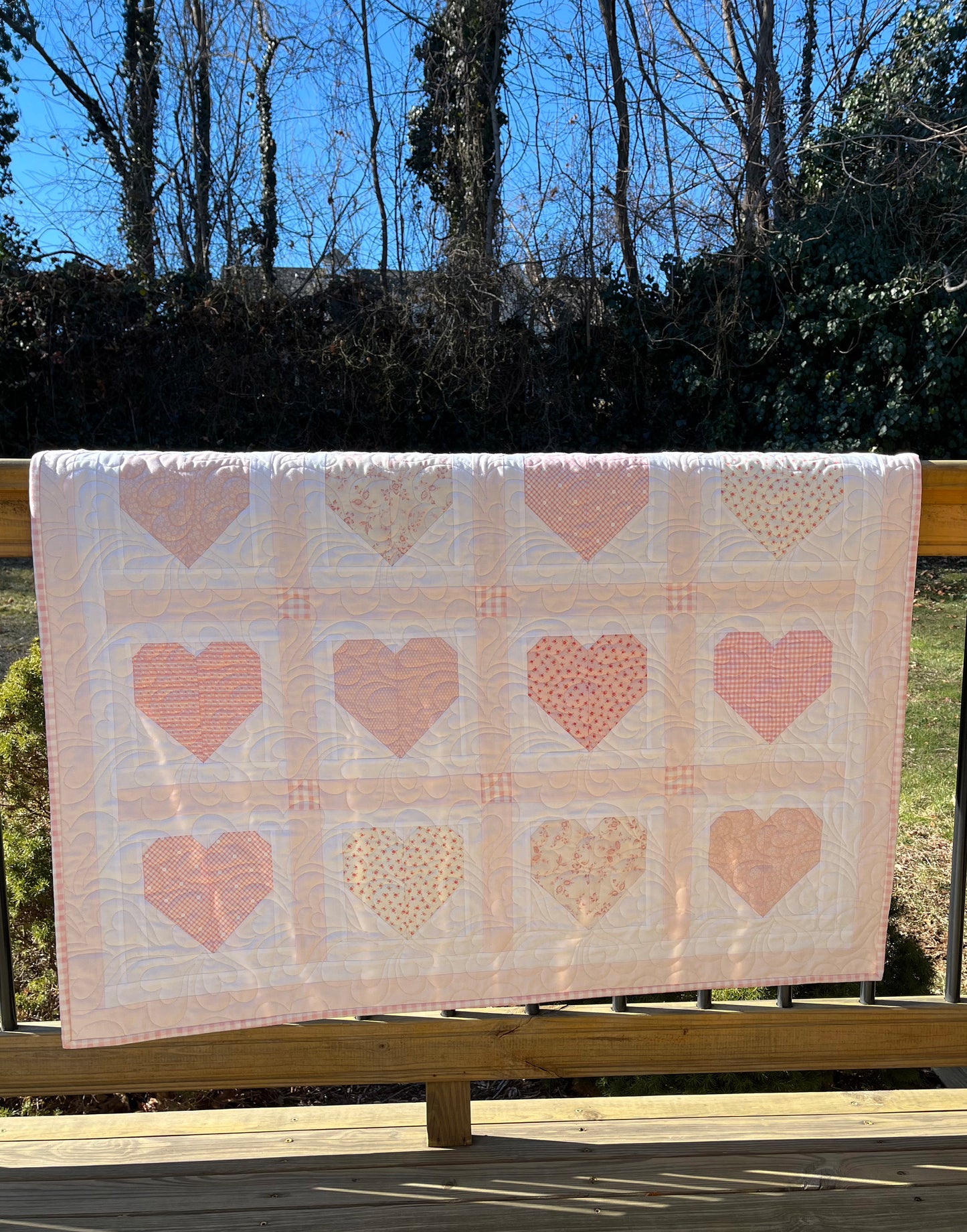 Handmade Baby Girl Quilt, Pink Heart Valentines Blanket (42x42) Adult Lap, Wall Hanging