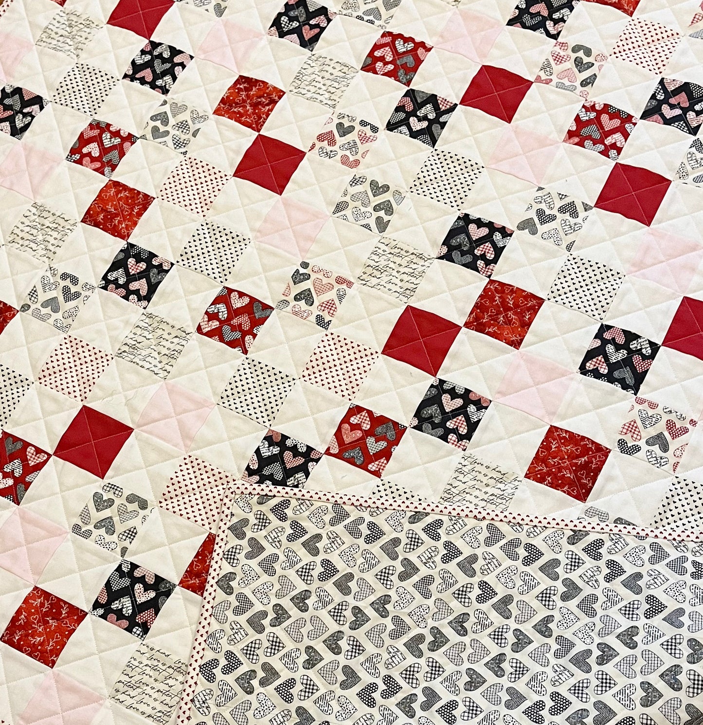 Handmade Throw Size Quilt, Hearts Patchwork Baby Blanket (50x60) Red, Grey & Pink, Holiday Gift - FREE MATCHING BAG!