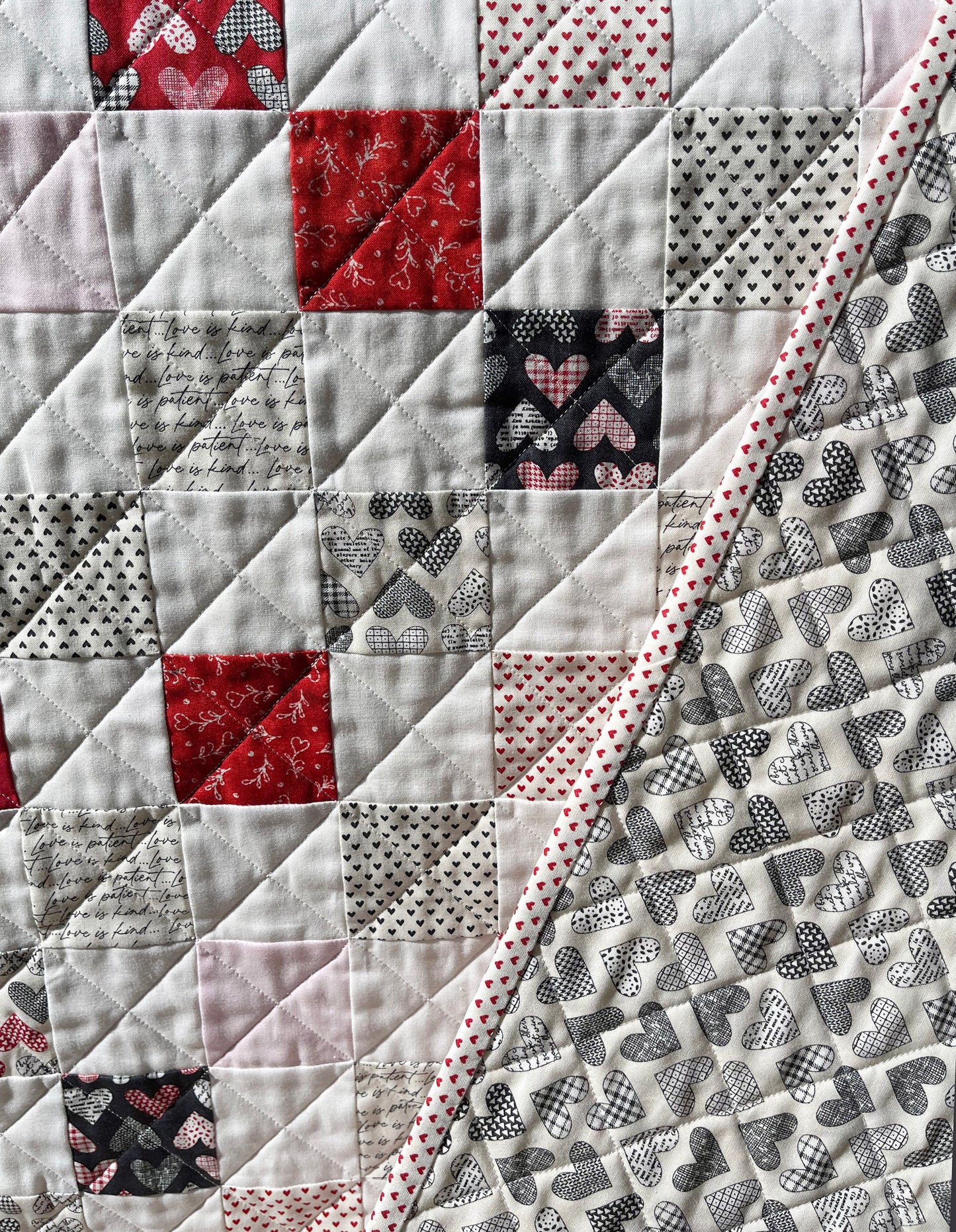 Handmade Throw Size Quilt, Hearts Patchwork Baby Blanket (50x60) Red, Grey & Pink, Holiday Gift - FREE MATCHING BAG!