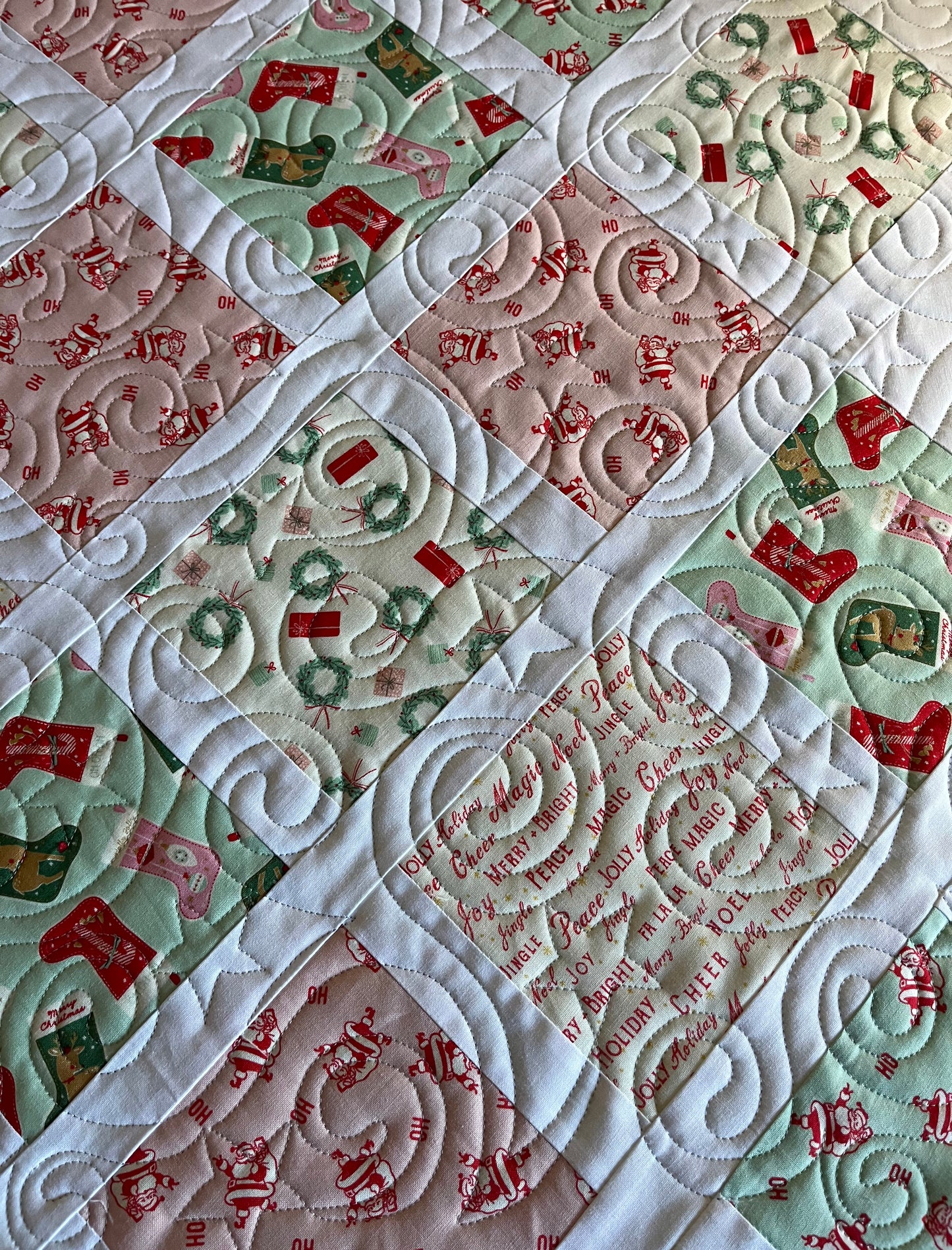 Handmade Christmas Baby Girl Quilt, Holiday Baby Blanket, Bright & Cheerful (38x46) Matching Handmade Gift Bag, Ready to Ship!