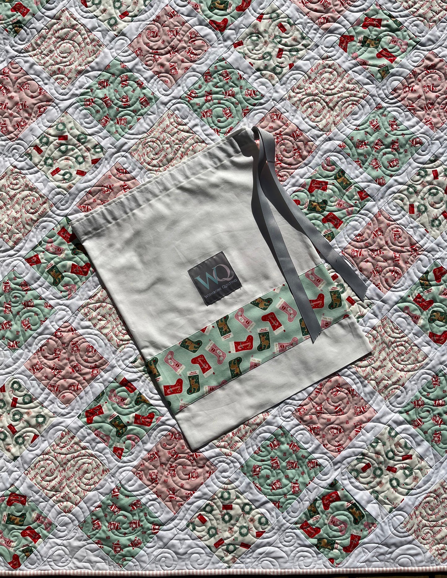 Handmade Christmas Baby Girl Quilt, Holiday Baby Blanket, Bright & Cheerful (38x46) Matching Handmade Gift Bag, Ready to Ship!