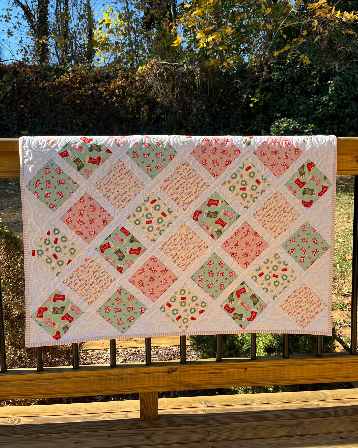 Handmade Christmas Baby Girl Quilt, Holiday Baby Blanket, Bright & Cheerful (38x46) Matching Handmade Gift Bag, Ready to Ship!