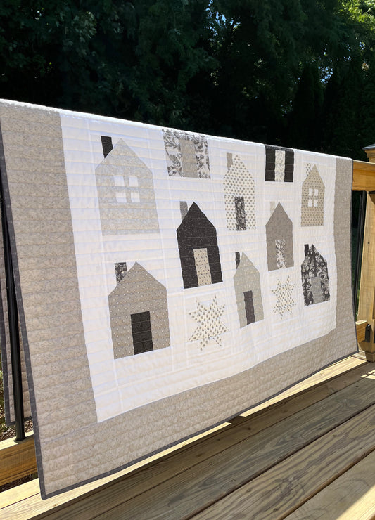 Handmade Quilt Neutral Tones - Quilt of Neighborhood Homes and Stars - Throw Size  (54x63.5) Ready to Ship!