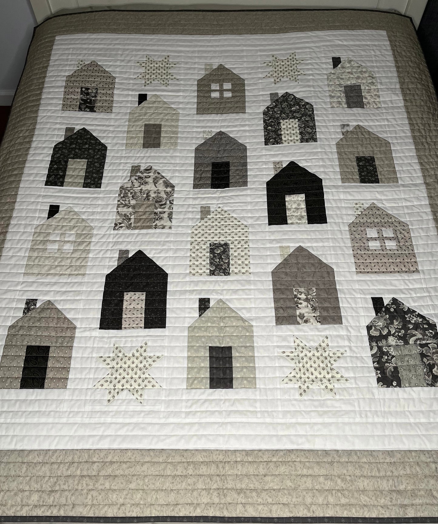 Handmade Quilt Neutral Tones - Quilt of Neighborhood Homes and Stars - Throw Size (54x63.5) Ready to Ship!