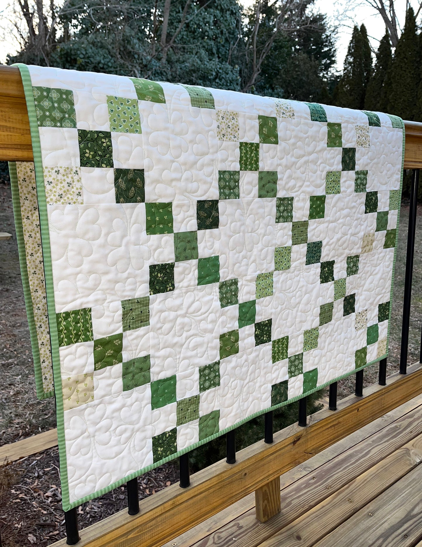 Handmade St Patrick's Day Irish Chain Baby Quilt, Lap Quilt, Quilted Shamrocks & 4 Leaf Clovers (36.5 x 48) Ready to Ship!
