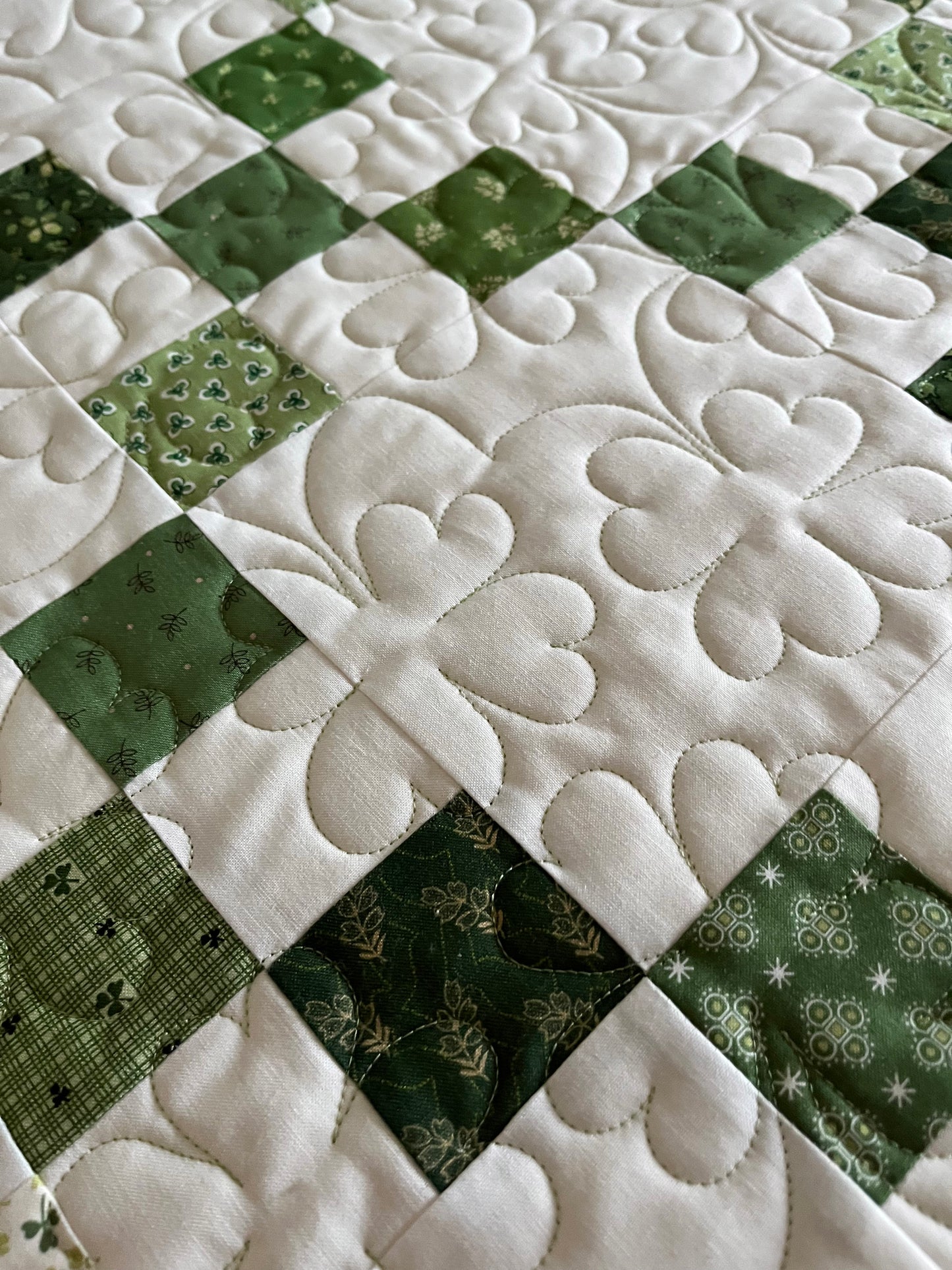 Handmade St Patrick's Day Irish Chain Baby Quilt, Lap Quilt, Quilted Shamrocks & 4 Leaf Clovers (36.5 x 48) Ready to Ship!