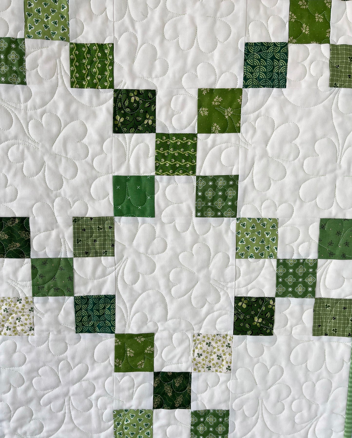 Handmade St Patrick's Day Irish Chain Baby Quilt, Lap Quilt, Quilted Shamrocks & 4 Leaf Clovers (36.5 x 48) Ready to Ship!