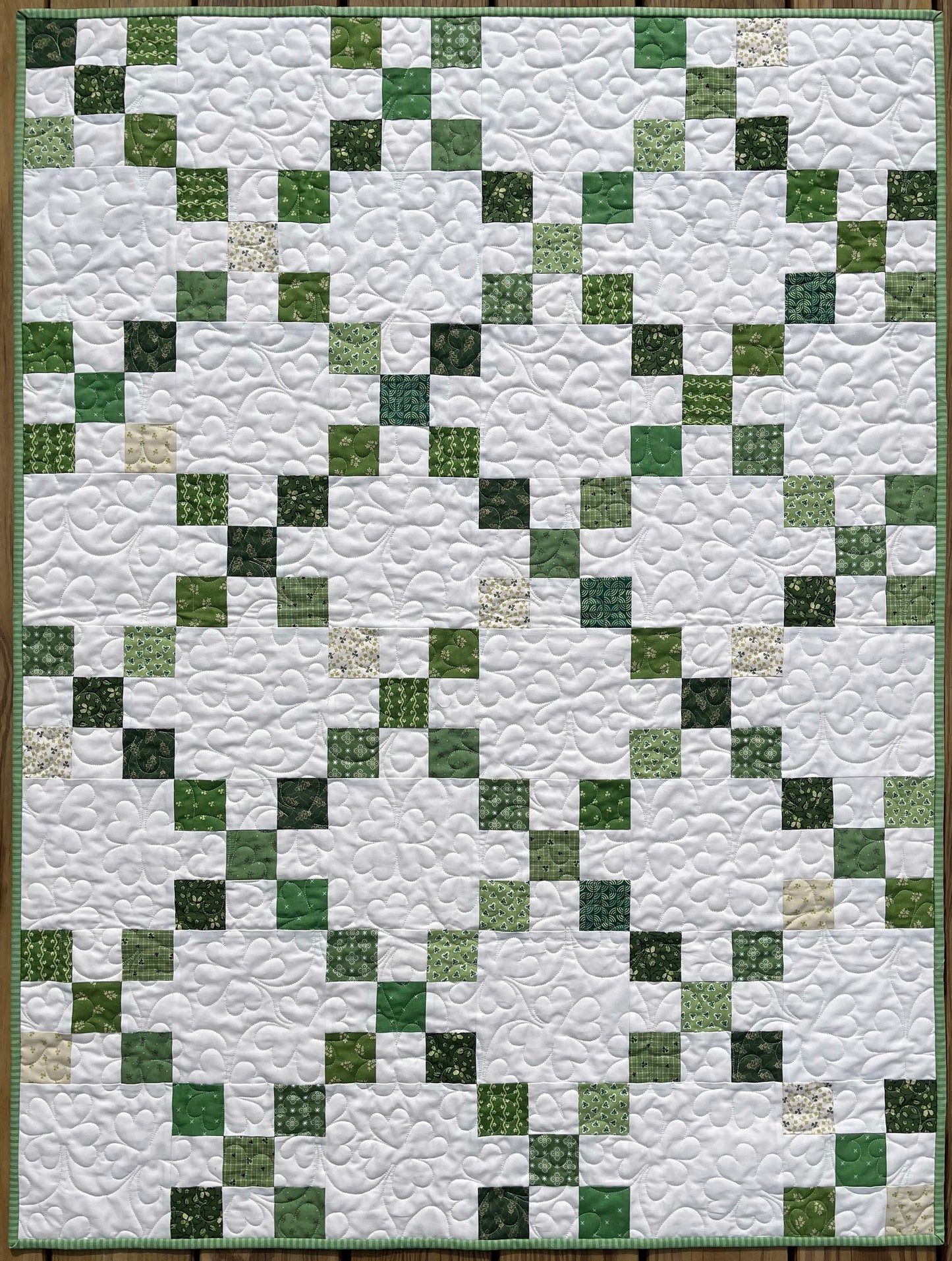 Handmade St Patrick's Day Irish Chain Baby Quilt, Lap Quilt, Quilted Shamrocks & 4 Leaf Clovers (36.5 x 48) Ready to Ship!
