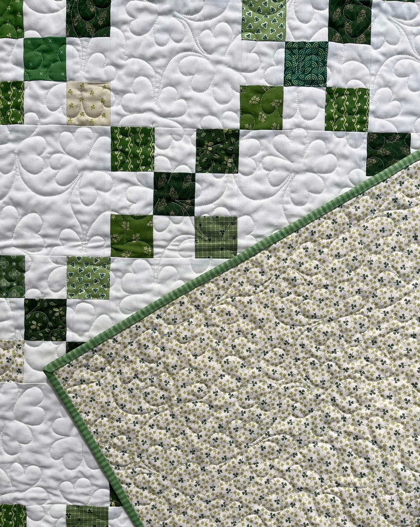 Handmade St Patrick's Day Irish Chain Baby Quilt, Lap Quilt, Quilted Shamrocks & 4 Leaf Clovers (36.5 x 48) Ready to Ship!