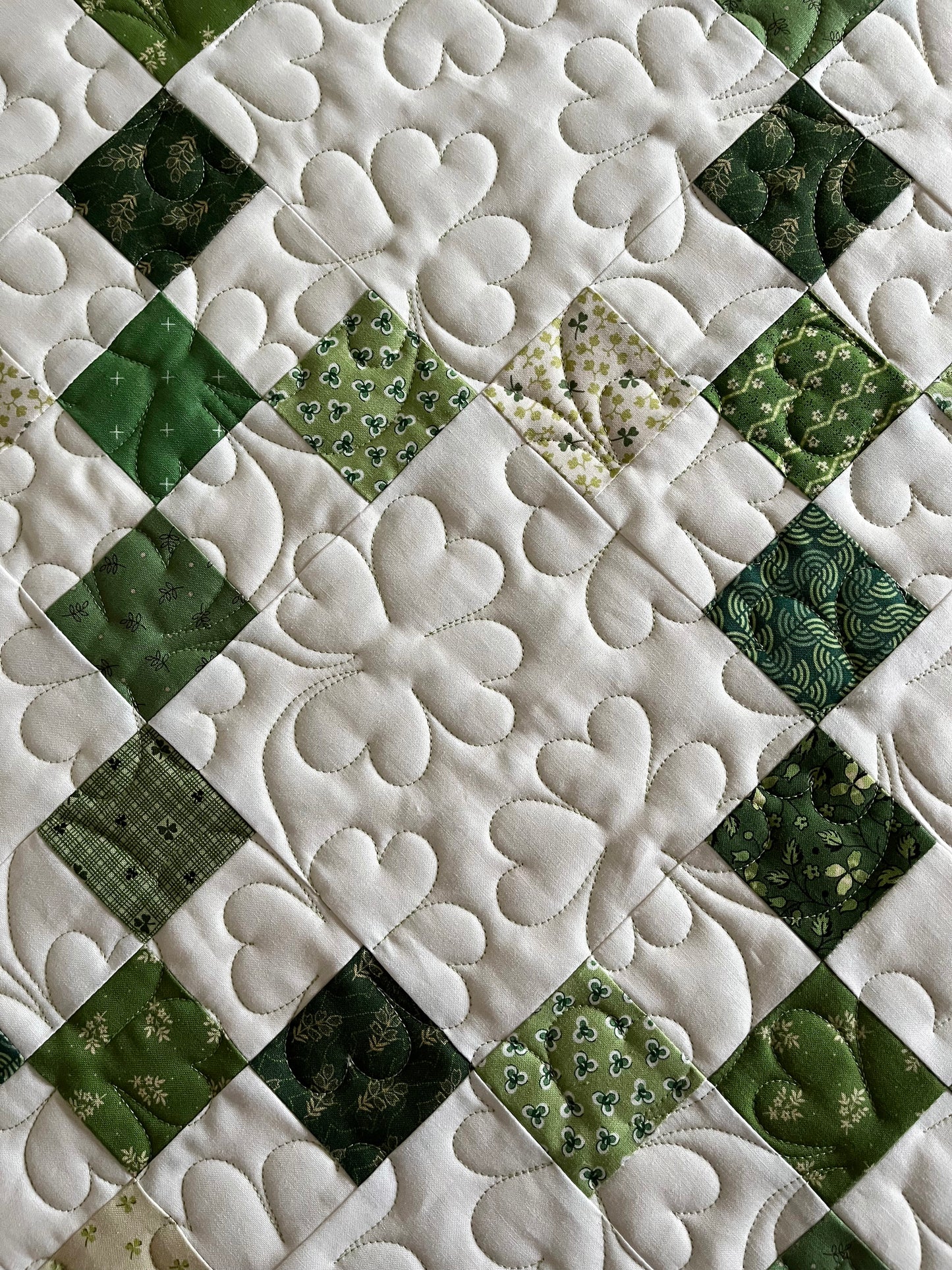 Handmade St Patrick's Day Irish Chain Baby Quilt, Lap Quilt, Quilted Shamrocks & 4 Leaf Clovers (36.5 x 48) Ready to Ship!