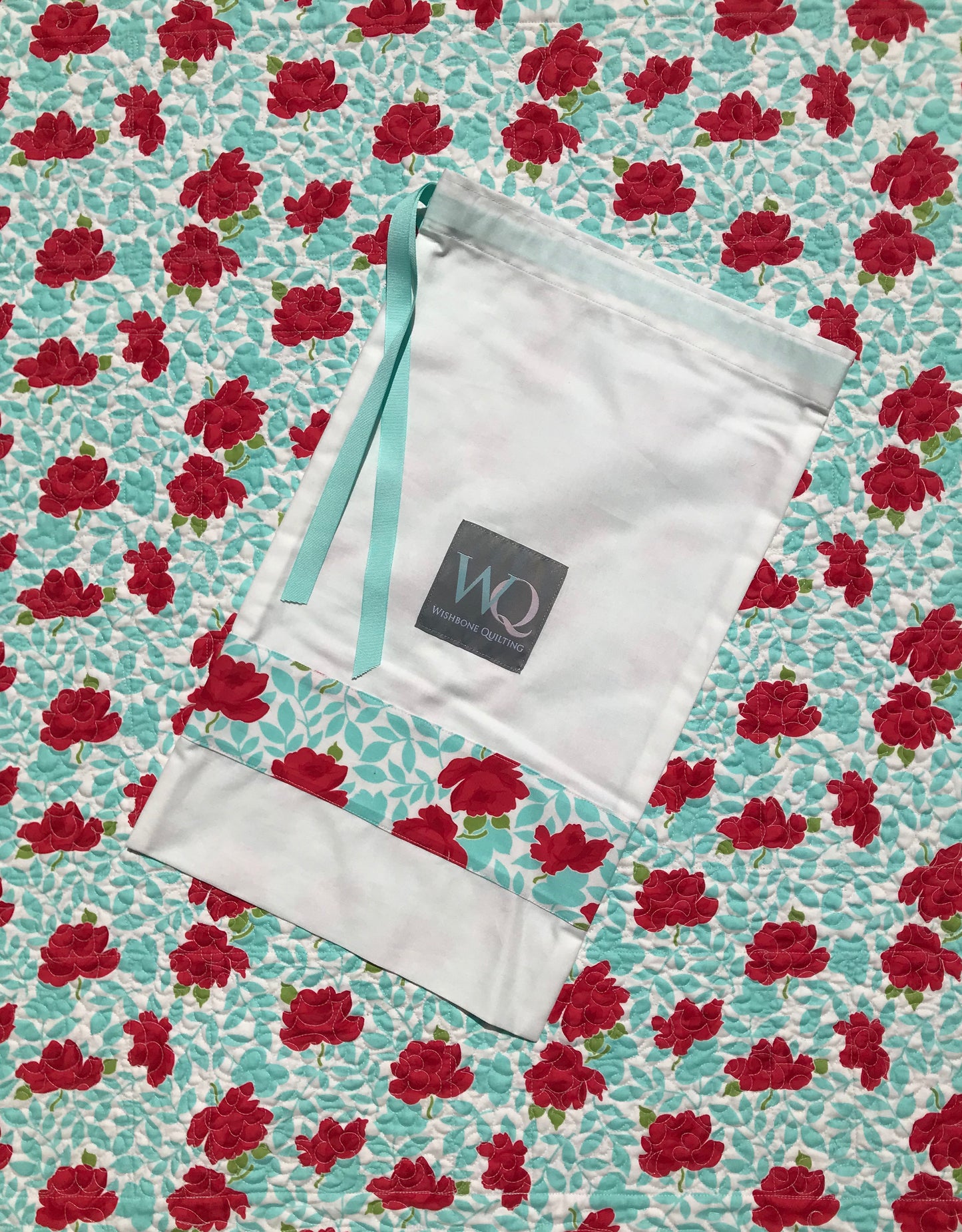 Handmade Baby Quilt / Adult Lap Quilt - One of a Kind, Custom Quilted - Aqua, Grey, Red, White (34.5x34.5) Ready to Ship!