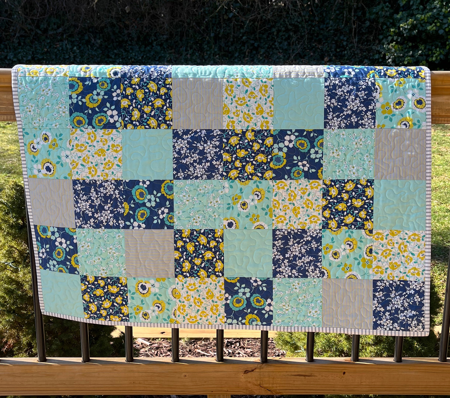 Springtime Handmade Baby Quilt, Patchwork Baby Blanket (36"x45) Navy and Aqua Florals - Ready to Ship!