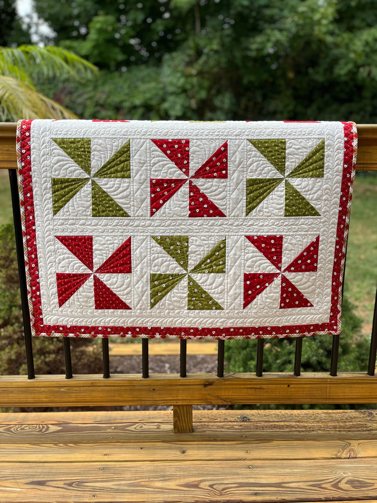 Handmade Christmas Baby Quilt, Pinwheels Heirloom Baby Quilt, Custom Quilted (34x34) Ready to Ship!